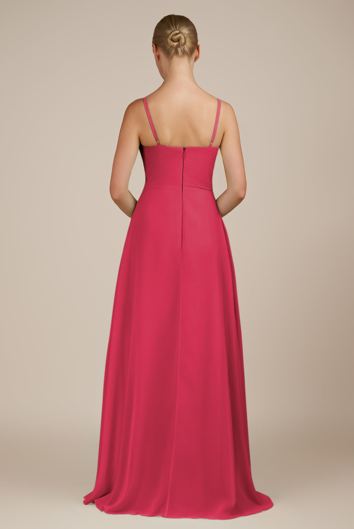KissDress-Queniva Fuchsia Sheath Chiffon Spaghetti Straps Ruffles Long Bridesmaid Dress with Slit