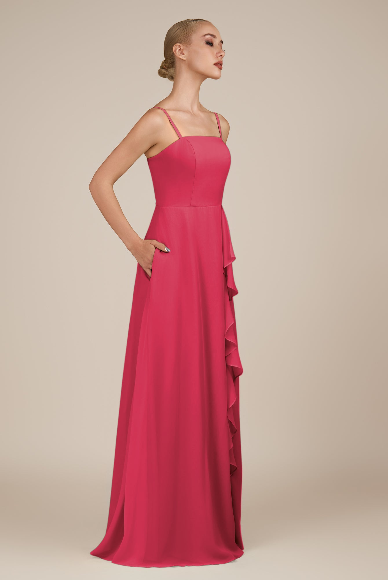 KissDress-Queniva Fuchsia Sheath Chiffon Spaghetti Straps Ruffles Long Bridesmaid Dress with Slit