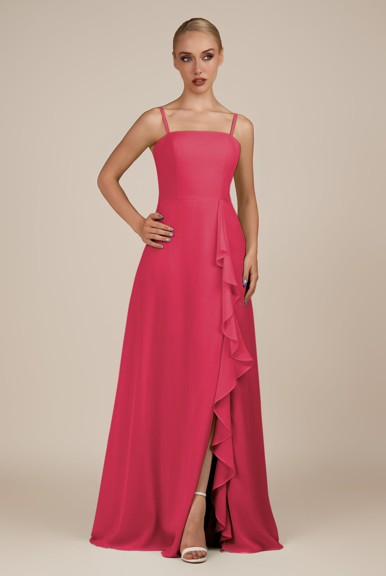KissDress-Queniva Fuchsia Sheath Chiffon Spaghetti Straps Ruffles Long Bridesmaid Dress with Slit
