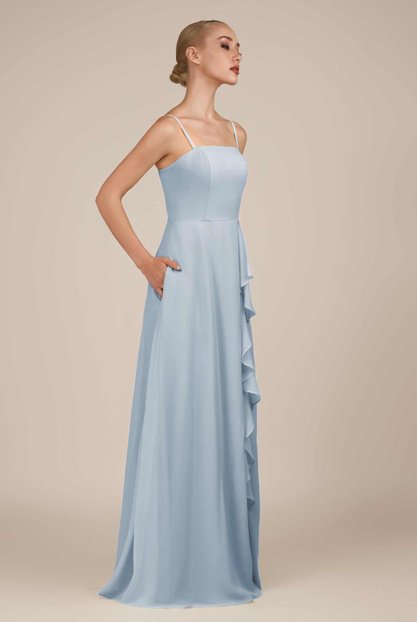 KissDress-Queniva Ice Sheath Chiffon Spaghetti Straps Ruffles Long Bridesmaid Dress with Slit