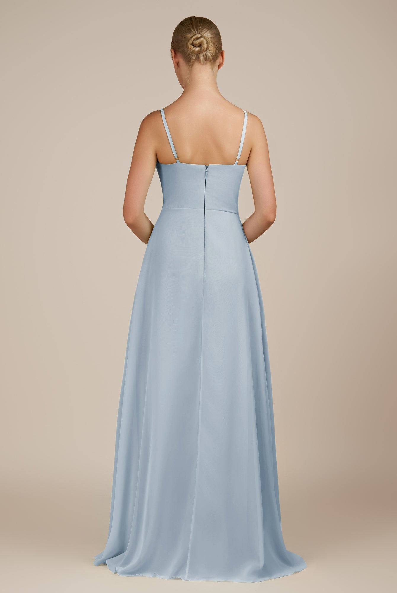 KissDress-Queniva Ice Sheath Chiffon Spaghetti Straps Ruffles Long Bridesmaid Dress with Slit