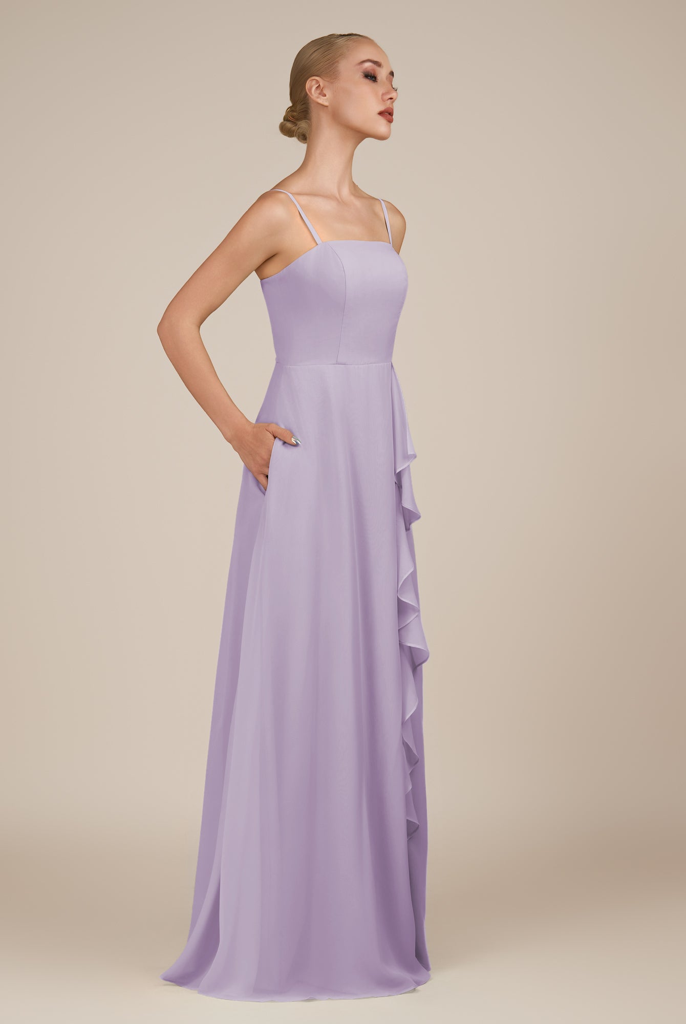 KissDress-Queniva Lavender Sheath Chiffon Spaghetti Straps Ruffles Long Bridesmaid Dress with Slit
