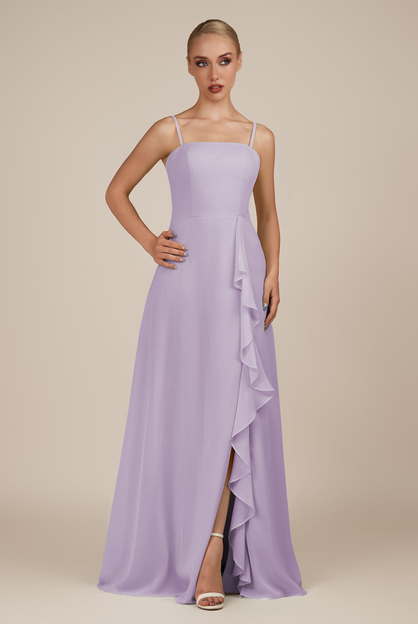 KissDress-Queniva Lavender Sheath Chiffon Spaghetti Straps Ruffles Long Bridesmaid Dress with Slit