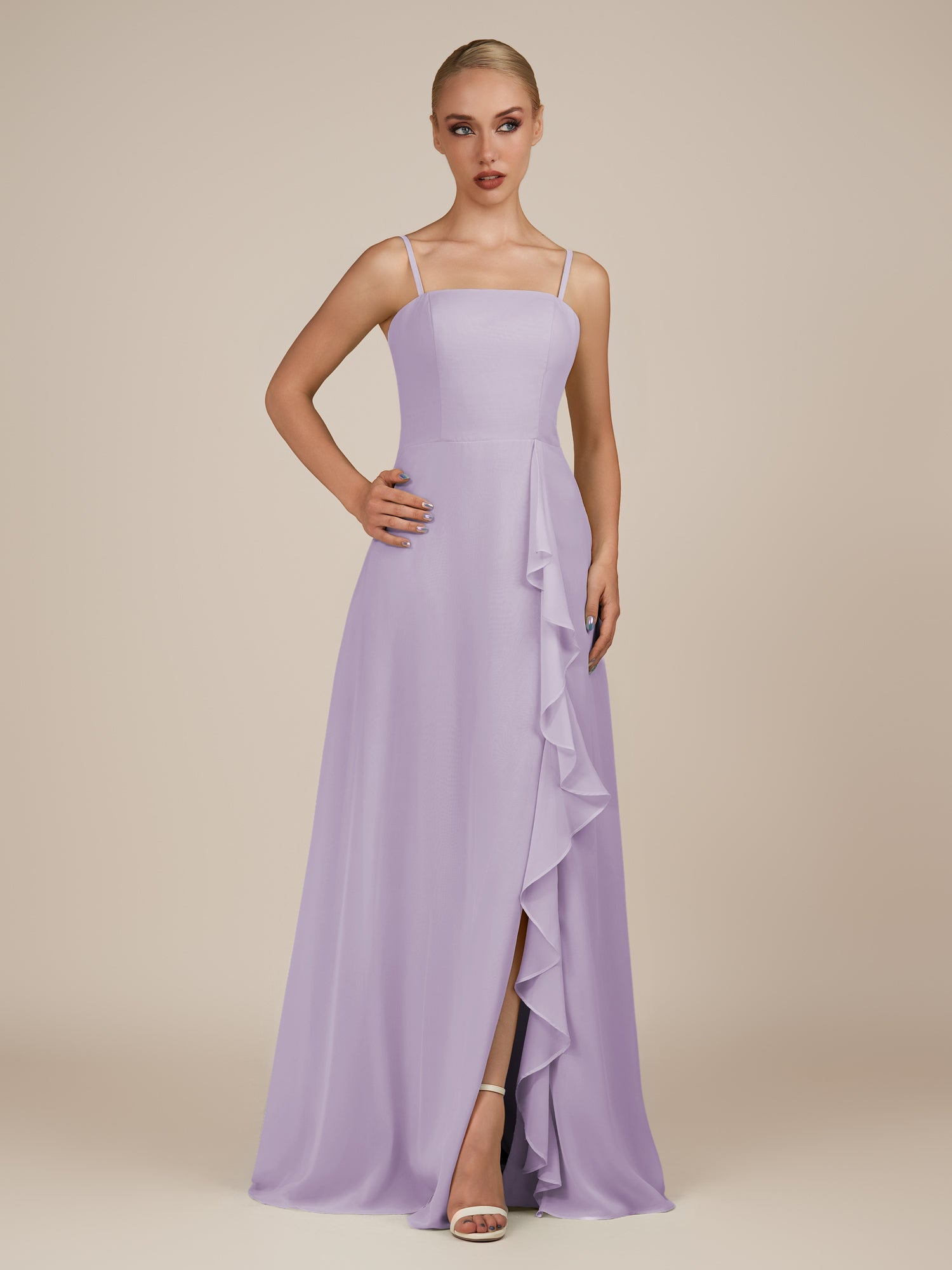 KissDress-Queniva Lavender Sheath Chiffon Spaghetti Straps Ruffles Long Bridesmaid Dress with Slit