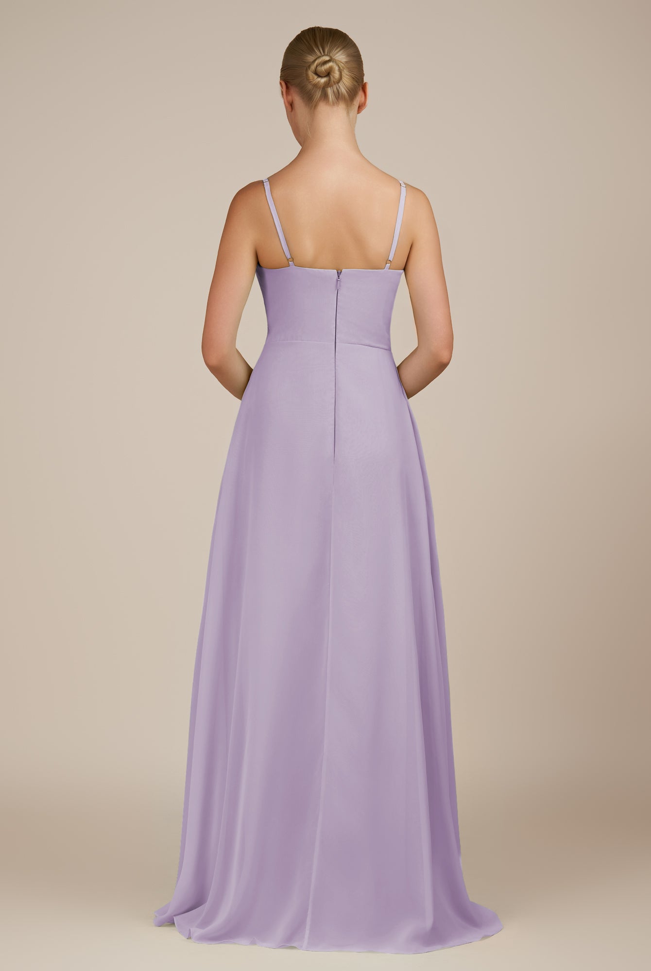 KissDress-Queniva Lavender Sheath Chiffon Spaghetti Straps Ruffles Long Bridesmaid Dress with Slit
