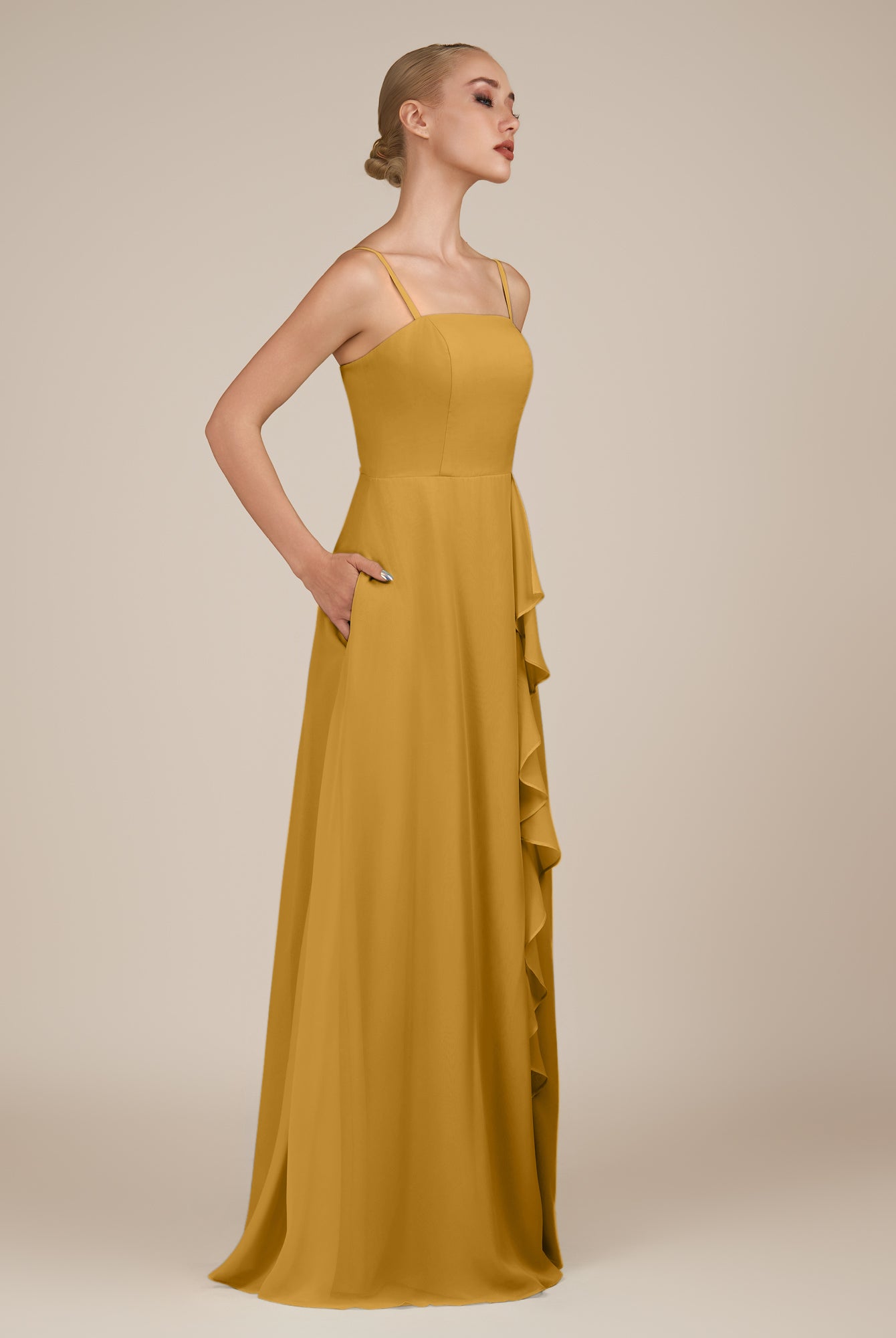KissDress-Queniva Marigold Sheath Chiffon Spaghetti Straps Ruffles Long Bridesmaid Dress with Slit