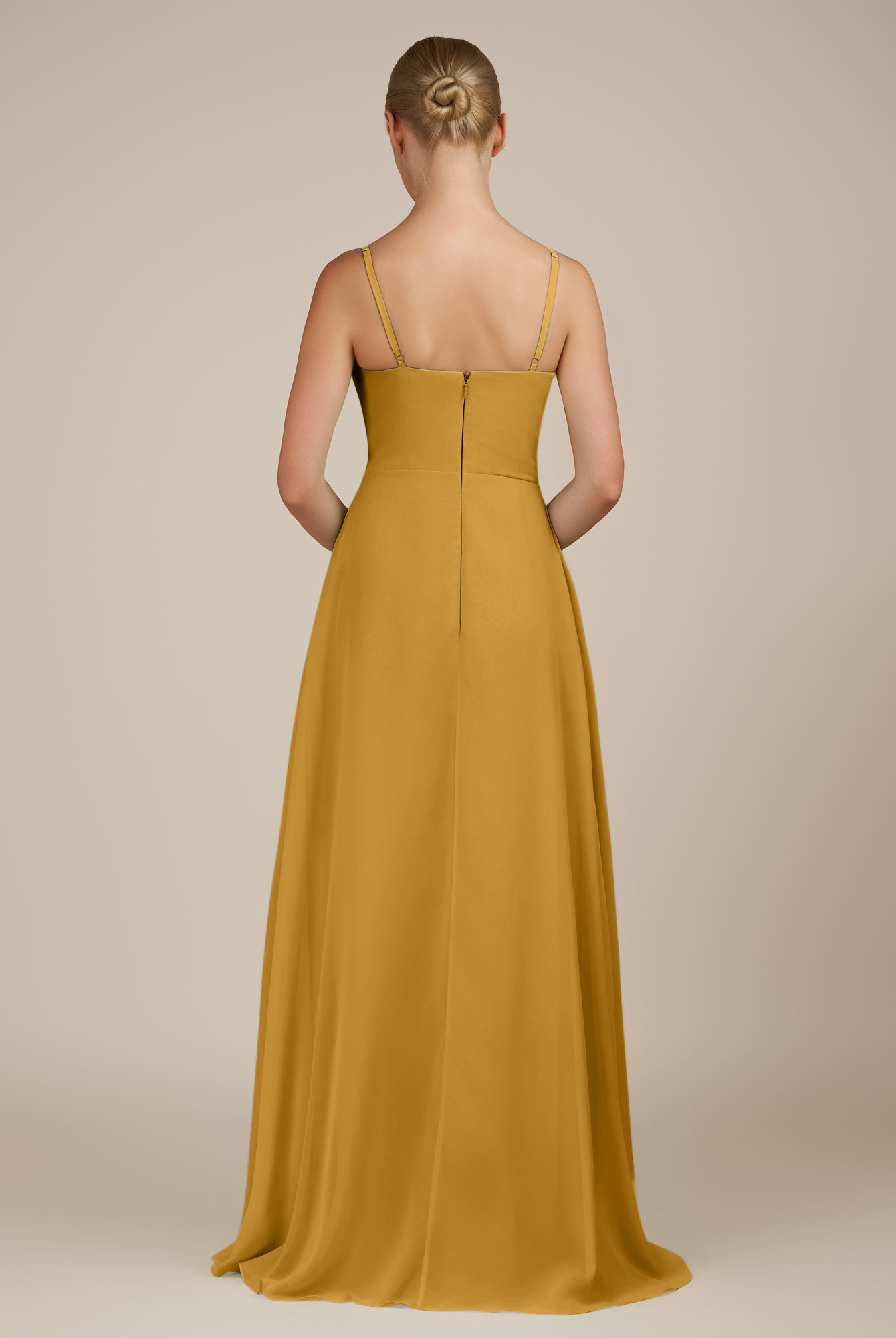 KissDress-Queniva Marigold Sheath Chiffon Spaghetti Straps Ruffles Long Bridesmaid Dress with Slit