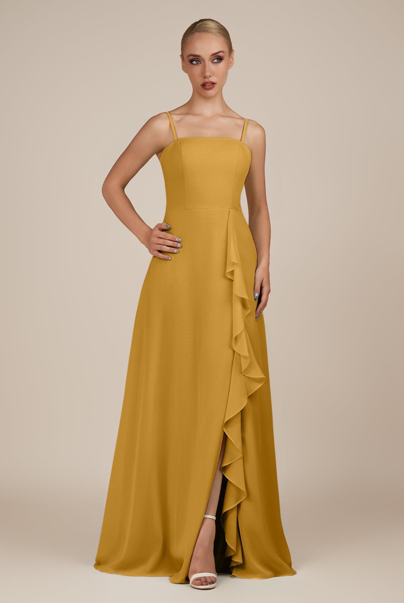 KissDress-Queniva Marigold Sheath Chiffon Spaghetti Straps Ruffles Long Bridesmaid Dress with Slit