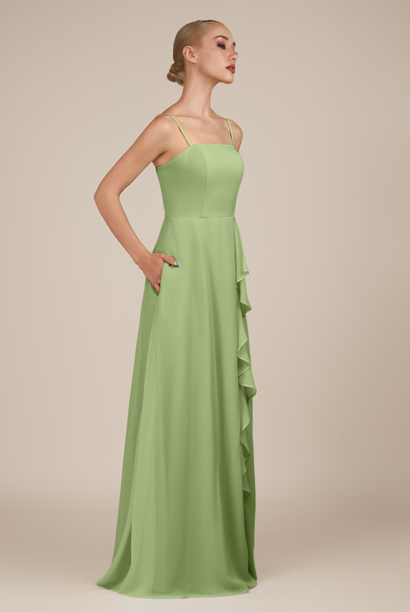 KissDress-Queniva Matcha Sheath Chiffon Spaghetti Straps Ruffles Long Bridesmaid Dress with Slit
