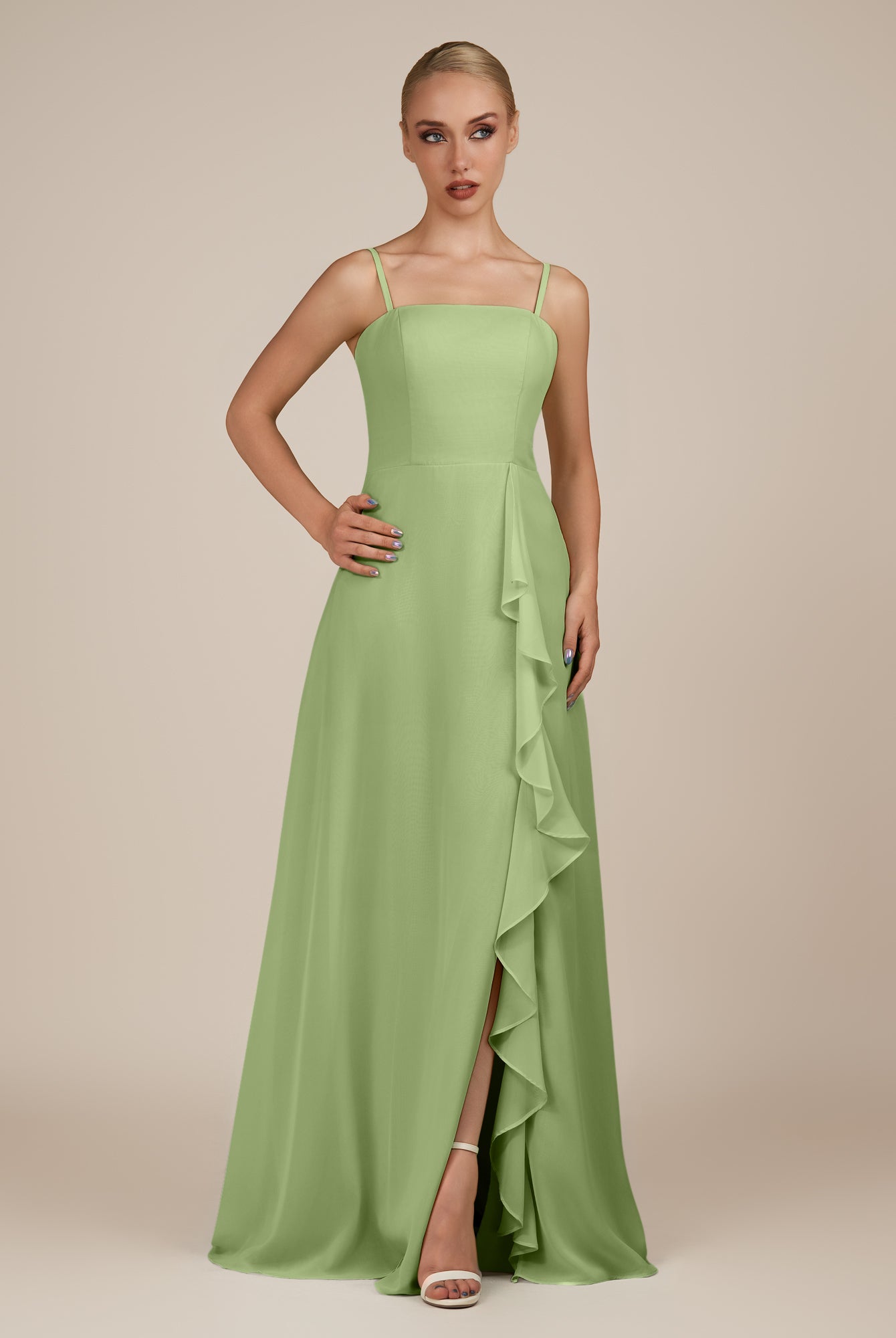 KissDress-Queniva Matcha Sheath Chiffon Spaghetti Straps Ruffles Long Bridesmaid Dress with Slit