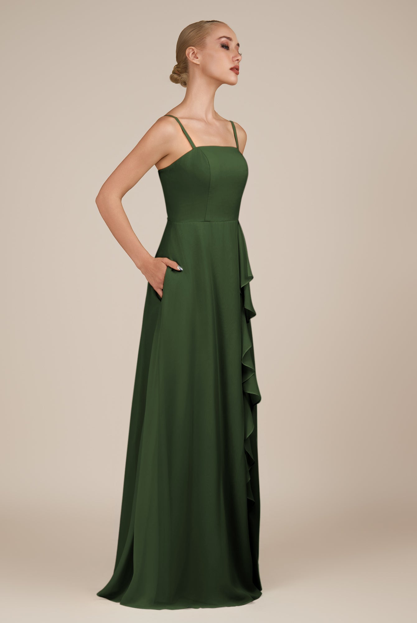 KissDress-Queniva Moss Sheath Chiffon Spaghetti Straps Ruffles Long Bridesmaid Dress with Slit