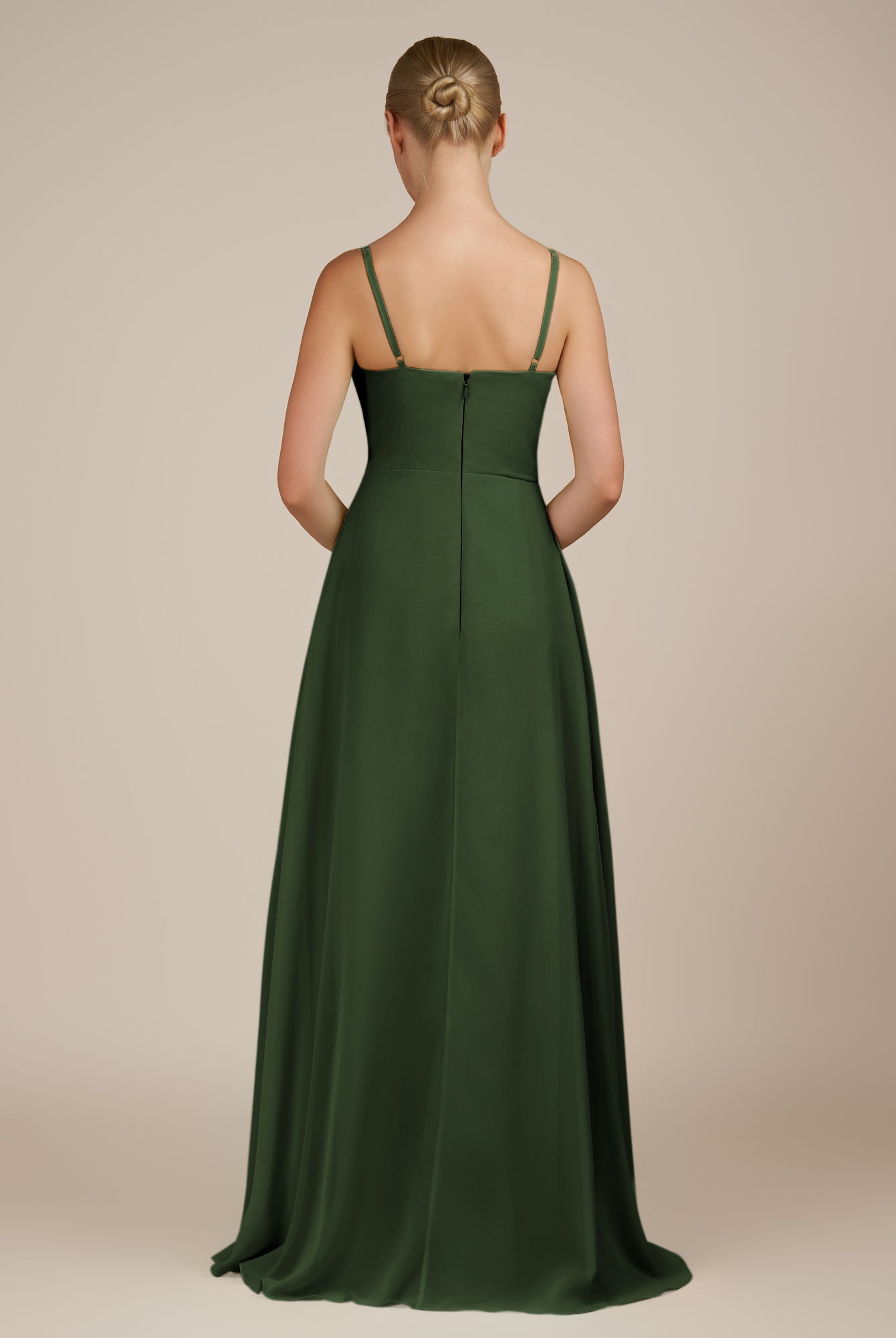 KissDress-Queniva Moss Sheath Chiffon Spaghetti Straps Ruffles Long Bridesmaid Dress with Slit