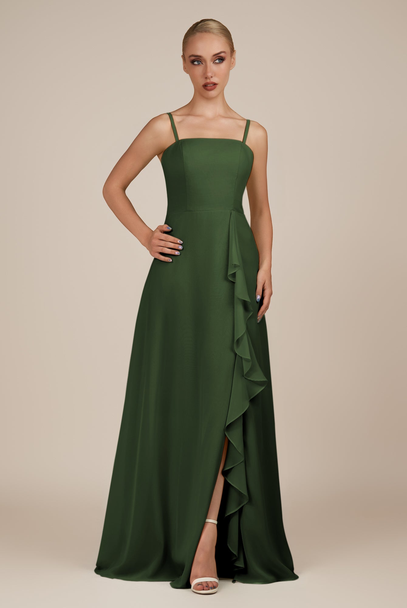KissDress-Queniva Moss Sheath Chiffon Spaghetti Straps Ruffles Long Bridesmaid Dress with Slit