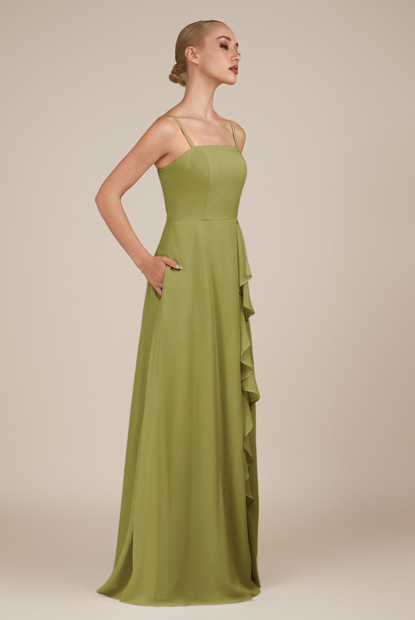 KissDress-Queniva Moss Green Sheath Chiffon Spaghetti Straps Ruffles Long Bridesmaid Dress with Slit