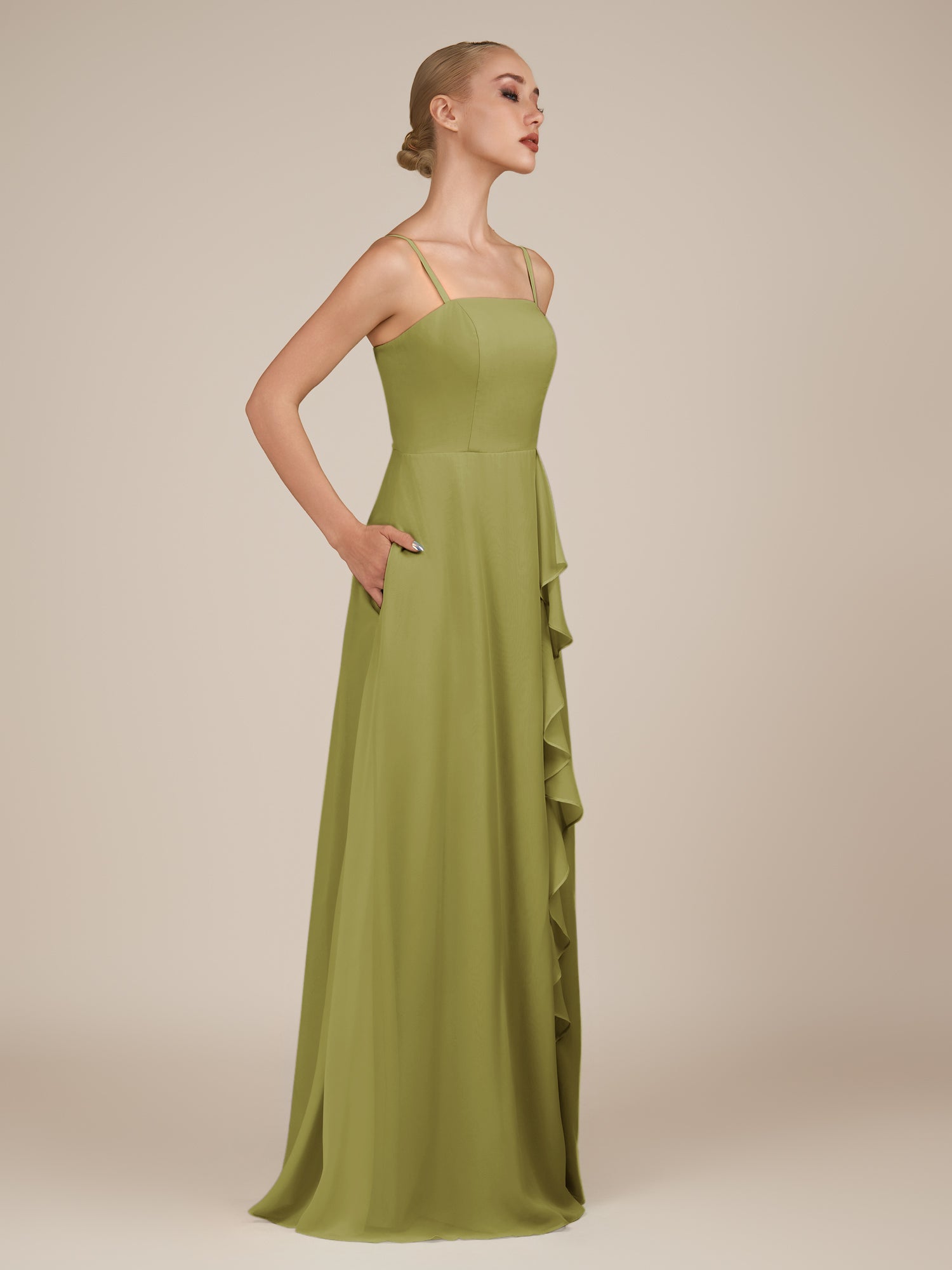 KissDress-Queniva Moss Green Sheath Chiffon Spaghetti Straps Ruffles Long Bridesmaid Dress with Slit