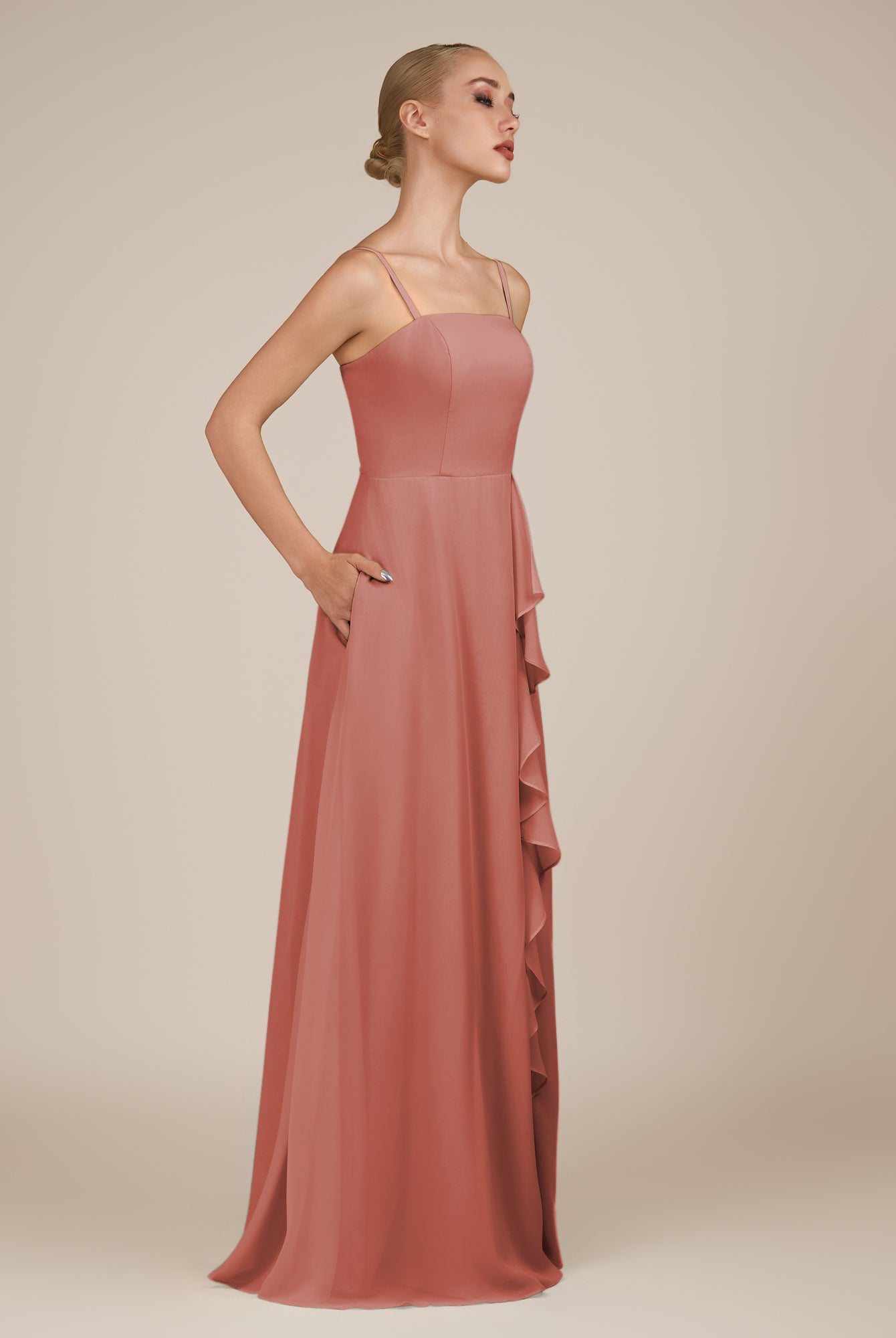 KissDress-Queniva Mulberry Sheath Chiffon Spaghetti Straps Ruffles Long Bridesmaid Dress with Slit