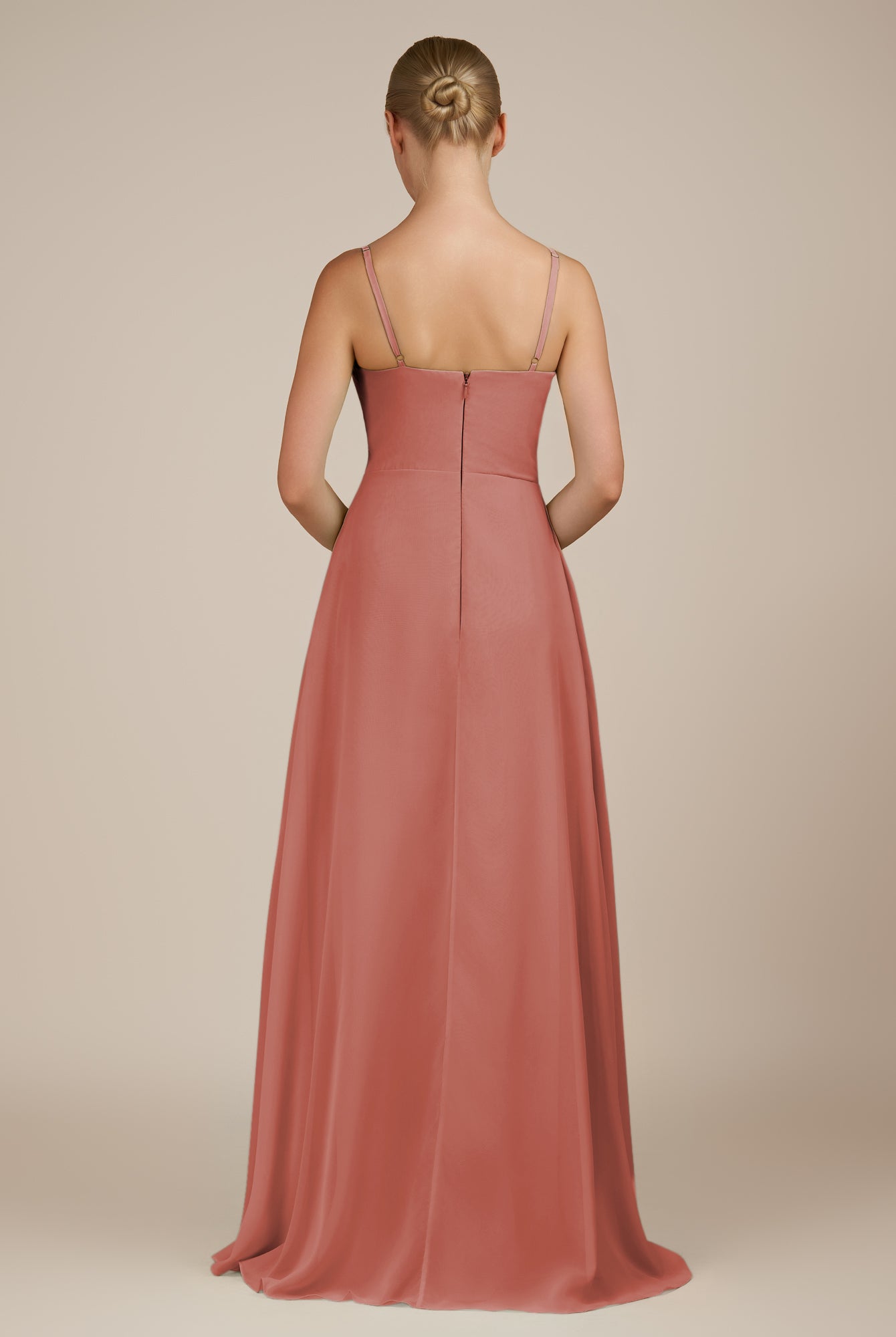 KissDress-Queniva Mulberry Sheath Chiffon Spaghetti Straps Ruffles Long Bridesmaid Dress with Slit