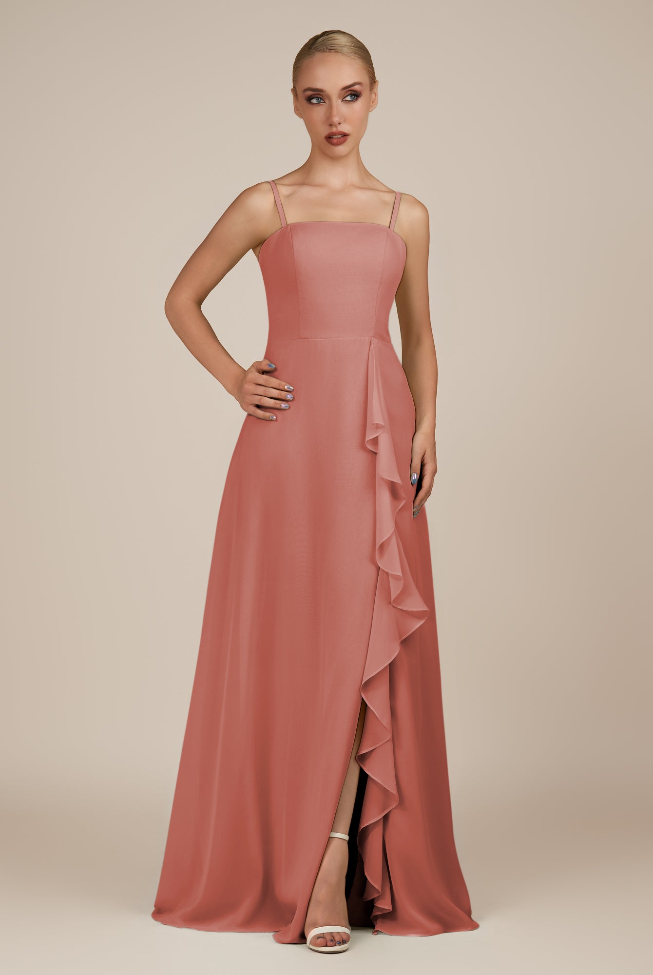 KissDress-Queniva Mulberry Sheath Chiffon Spaghetti Straps Ruffles Long Bridesmaid Dress with Slit