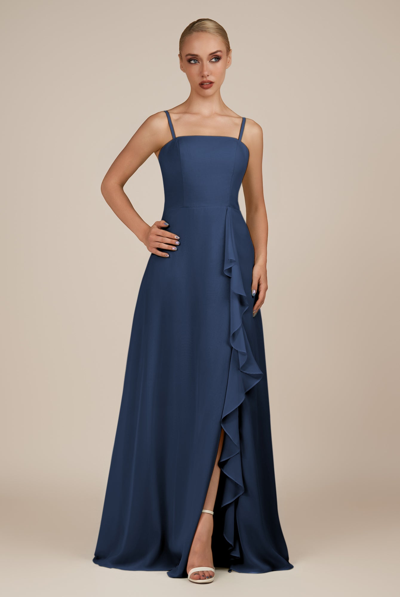 KissDress-Queniva Navy Sheath Chiffon Spaghetti Straps Ruffles Long Bridesmaid Dress with Slit