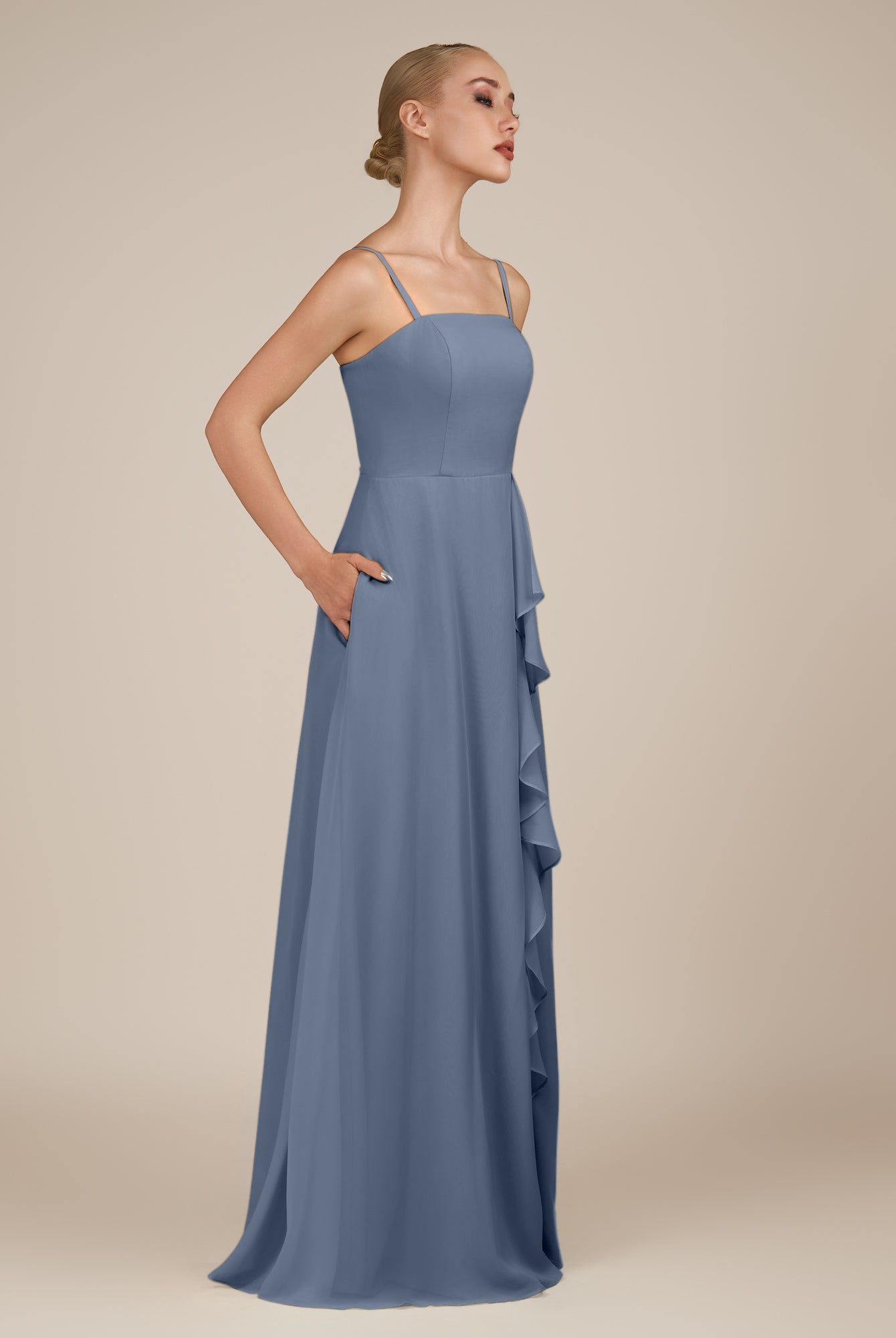 KissDress-Queniva Neptune Sheath Chiffon Spaghetti Straps Ruffles Long Bridesmaid Dress with Slit