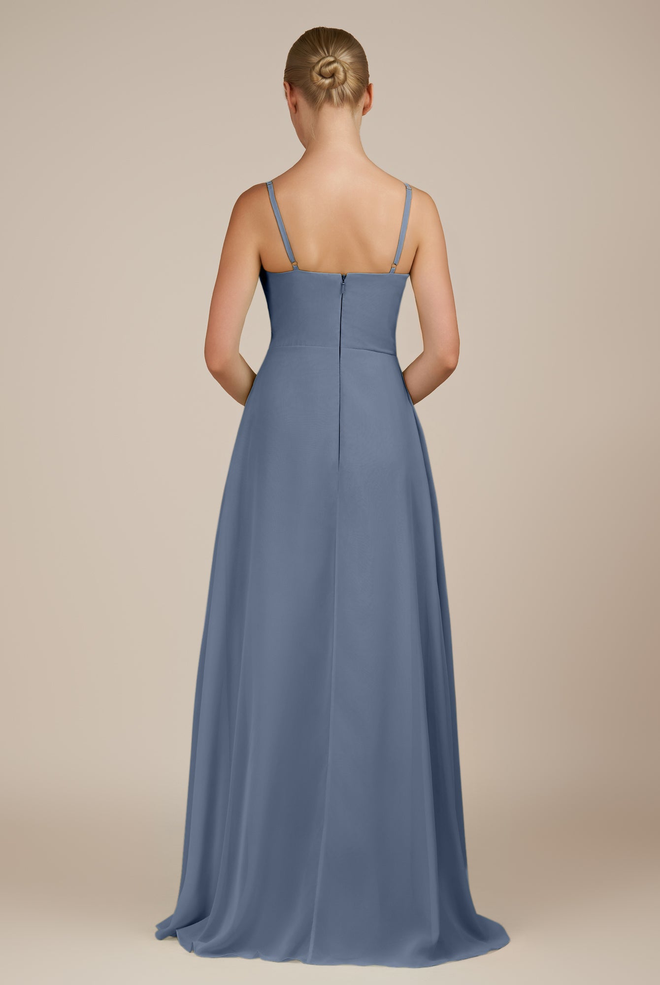 KissDress-Queniva Neptune Sheath Chiffon Spaghetti Straps Ruffles Long Bridesmaid Dress with Slit