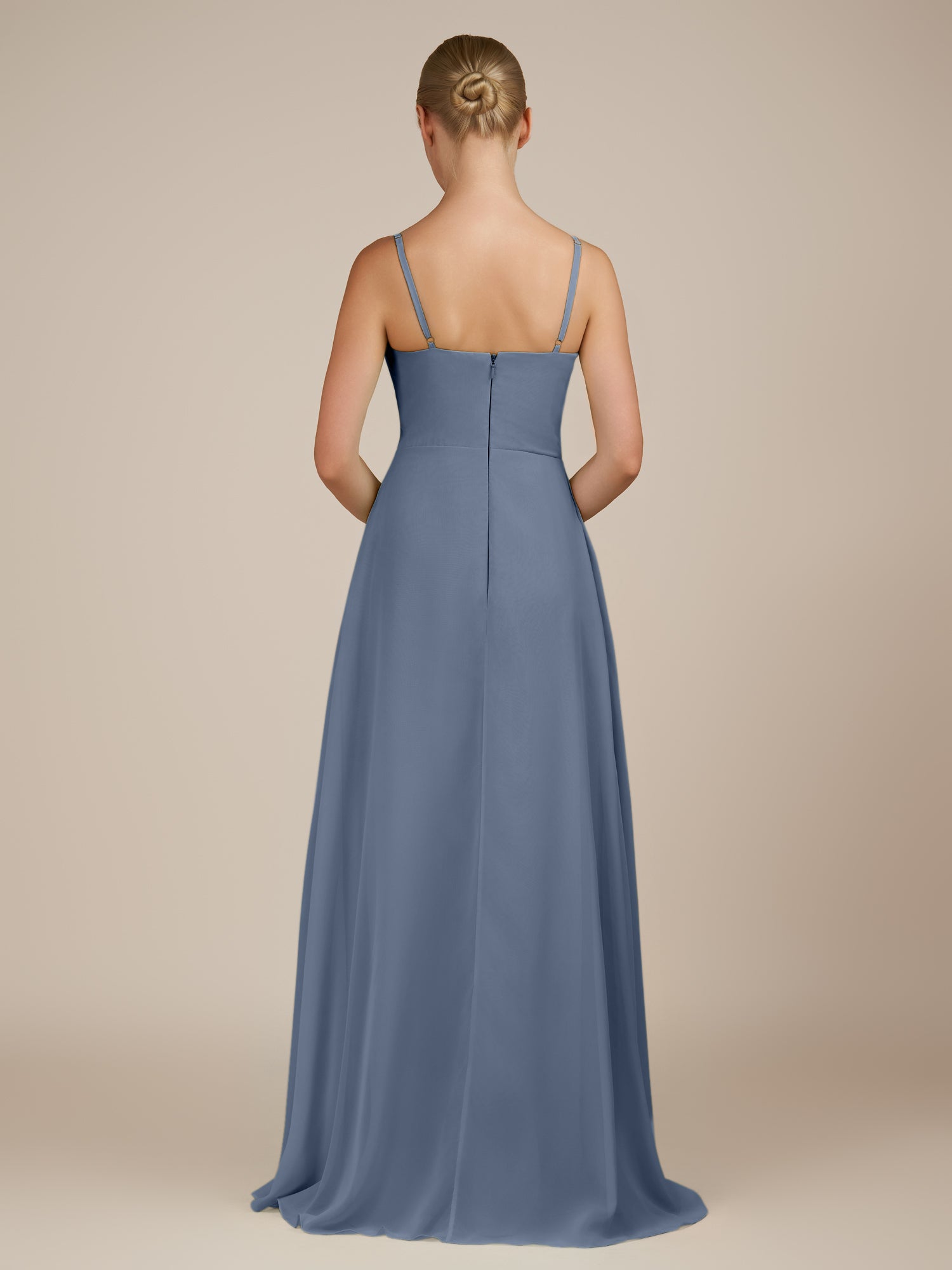 KissDress-Queniva Neptune Sheath Chiffon Spaghetti Straps Ruffles Long Bridesmaid Dress with Slit