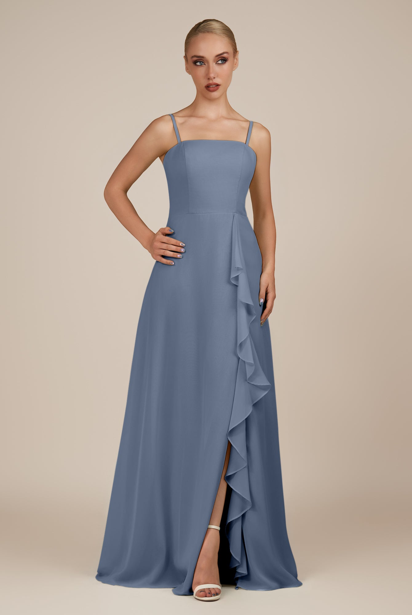KissDress-Queniva Neptune Sheath Chiffon Spaghetti Straps Ruffles Long Bridesmaid Dress with Slit