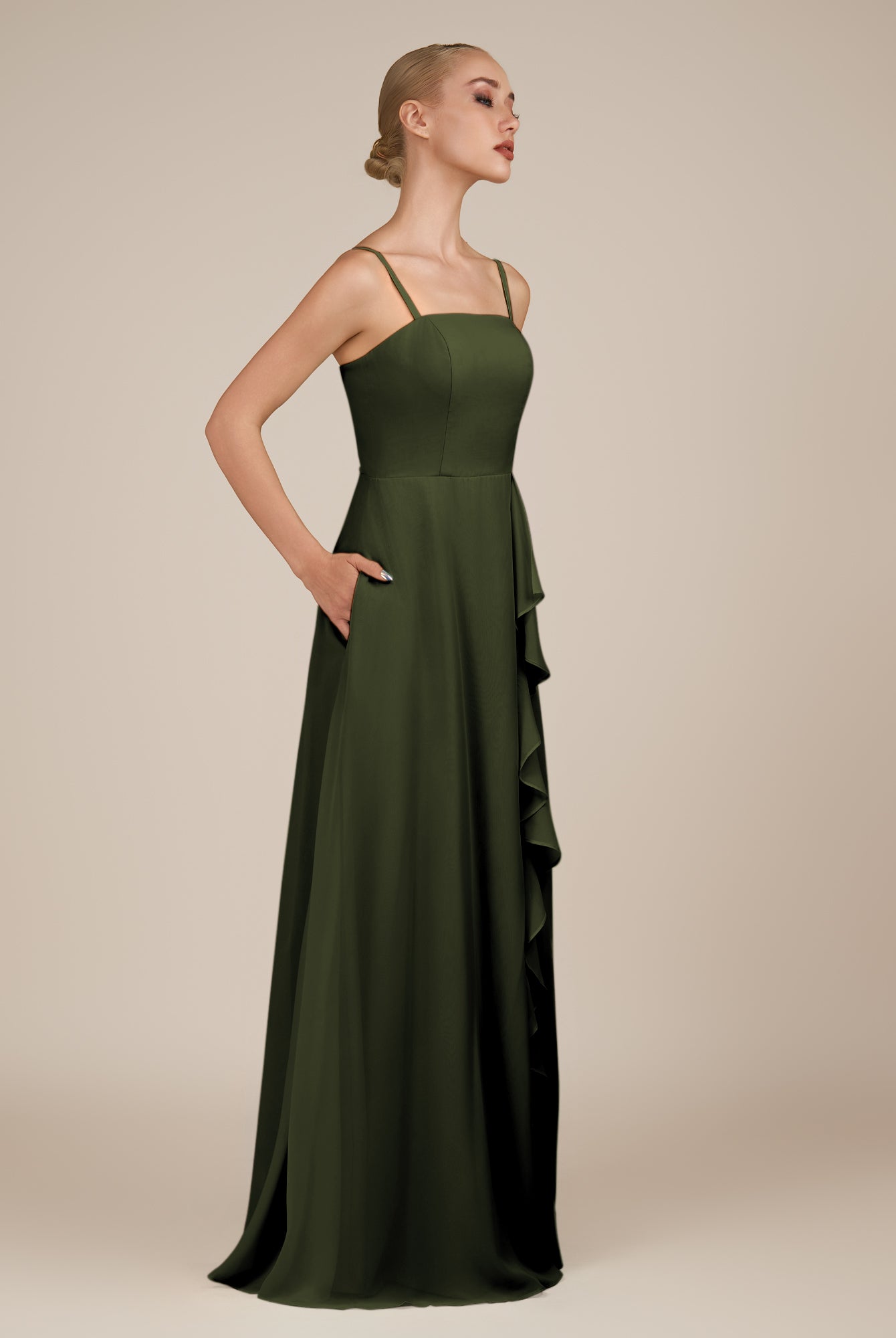 KissDress-Queniva Olive Sheath Chiffon Spaghetti Straps Ruffles Long Bridesmaid Dress with Slit