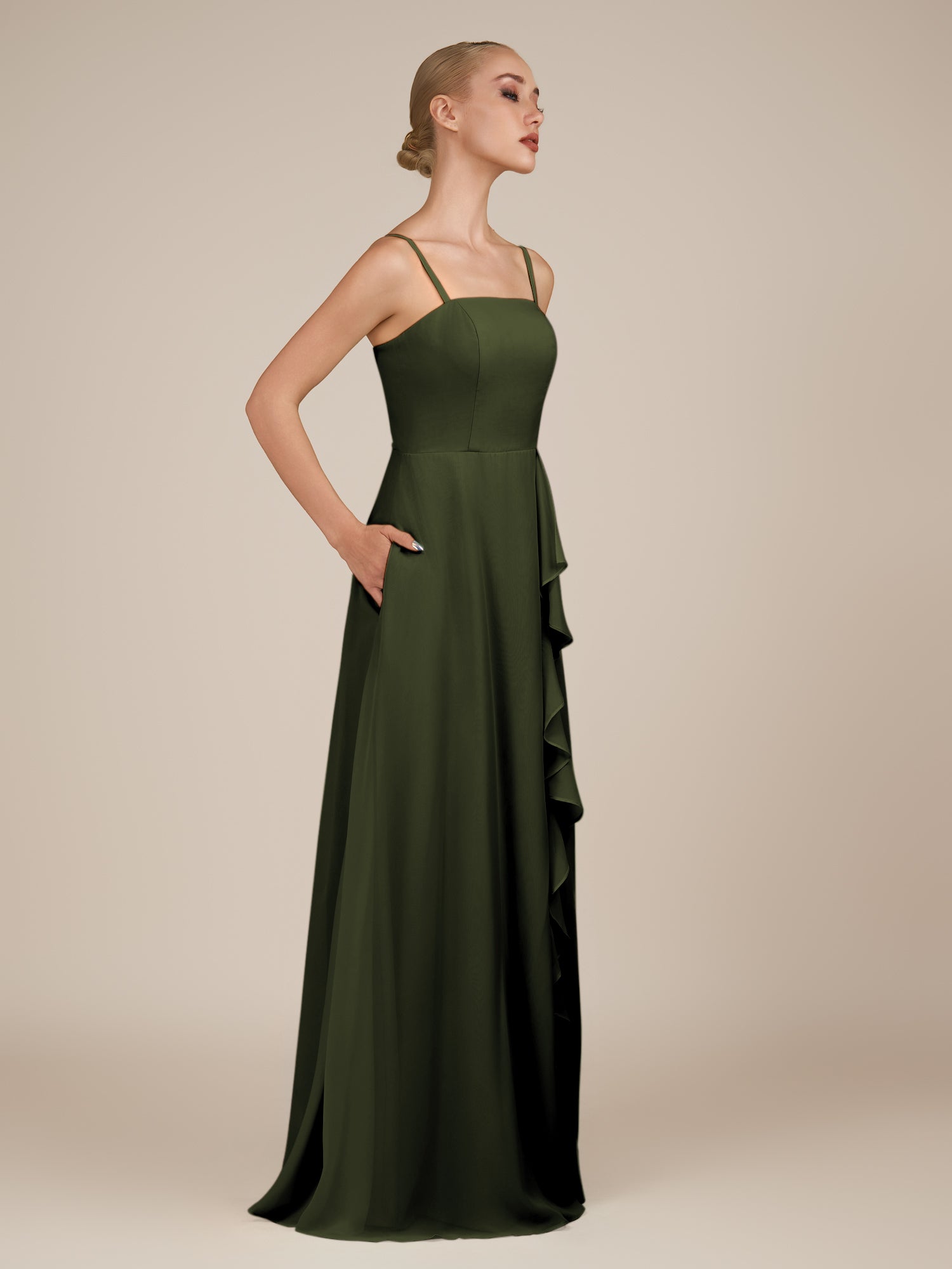 KissDress-Queniva Olive Sheath Chiffon Spaghetti Straps Ruffles Long Bridesmaid Dress with Slit