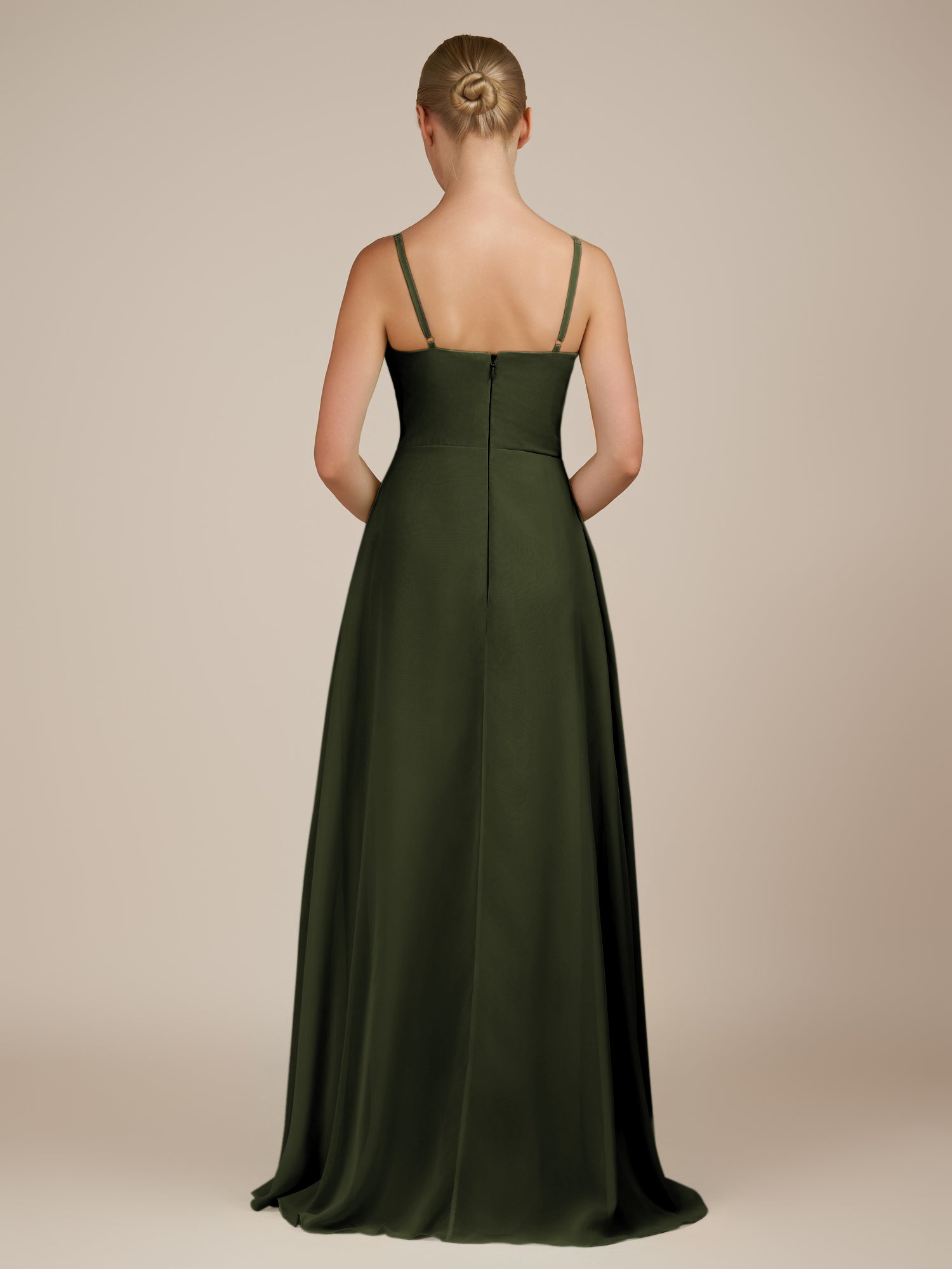 KissDress-Queniva Olive Sheath Chiffon Spaghetti Straps Ruffles Long Bridesmaid Dress with Slit