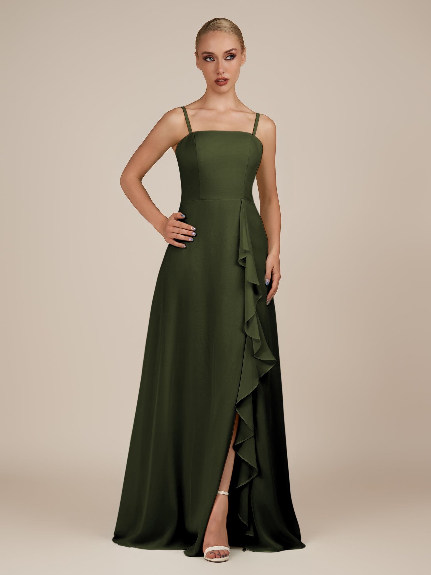 KissDress-Queniva Olive Sheath Chiffon Spaghetti Straps Ruffles Long Bridesmaid Dress with Slit