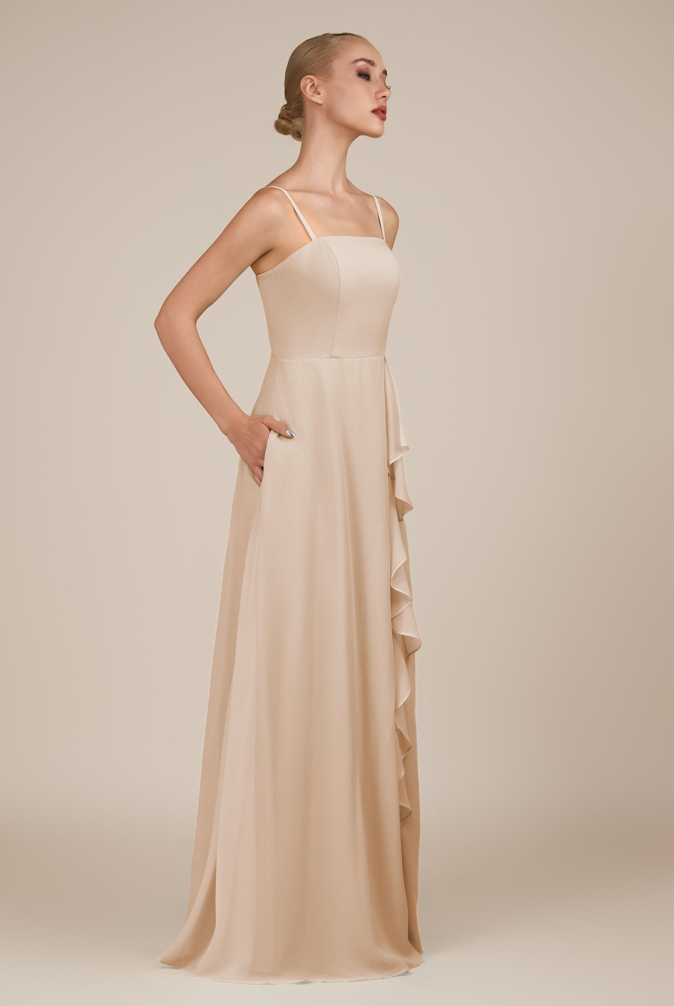 KissDress-Queniva Pale Blush Sheath Chiffon Spaghetti Straps Ruffles Long Bridesmaid Dress with Slit