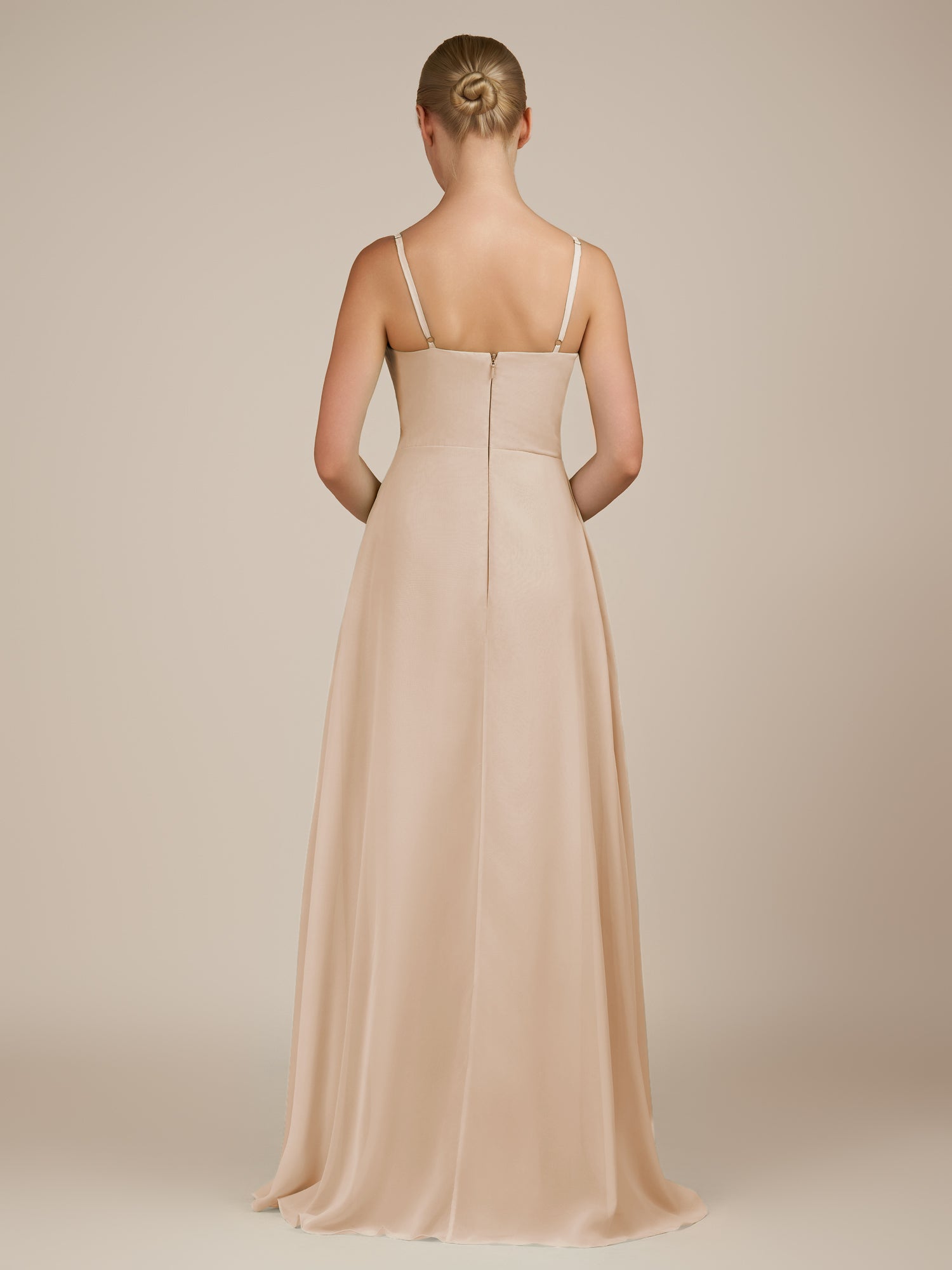 KissDress-Queniva Pale Blush Sheath Chiffon Spaghetti Straps Ruffles Long Bridesmaid Dress with Slit