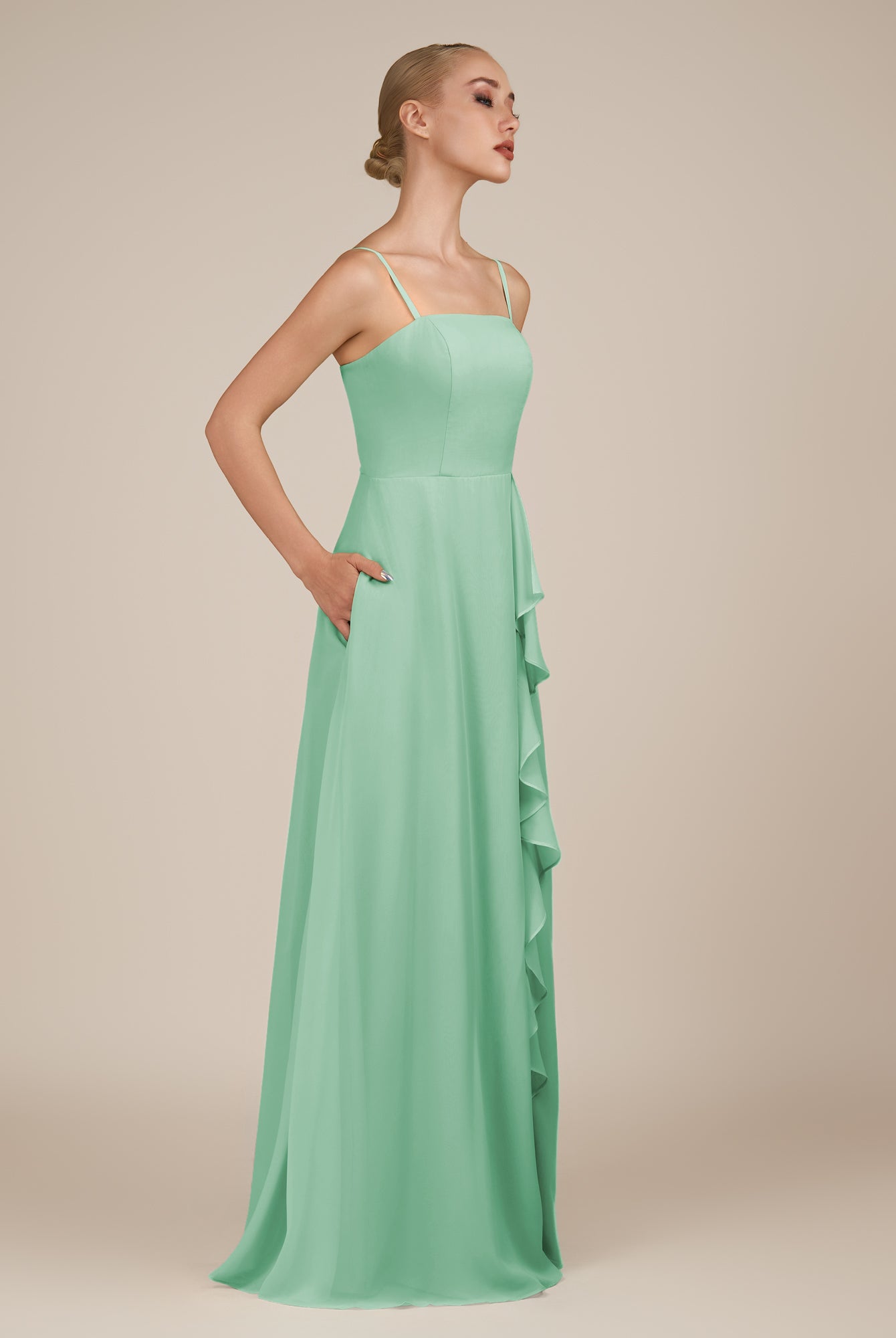 KissDress-Queniva Pale Pistachio Sheath Chiffon Spaghetti Straps Ruffles Long Bridesmaid Dress with Slit