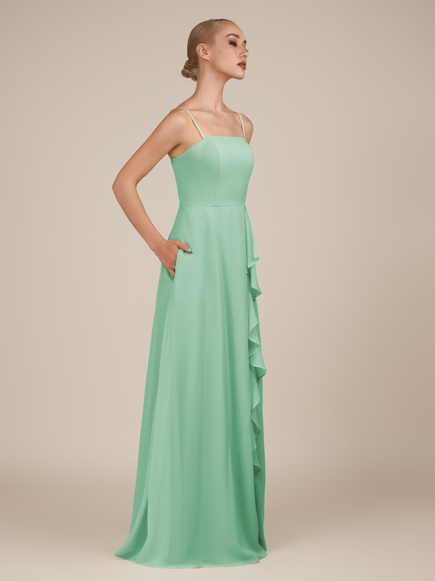 KissDress-Queniva Pale Pistachio Sheath Chiffon Spaghetti Straps Ruffles Long Bridesmaid Dress with Slit