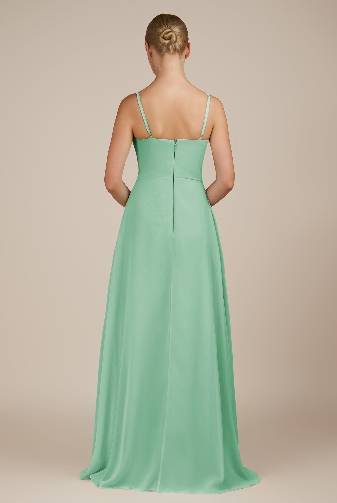 KissDress-Queniva Pale Pistachio Sheath Chiffon Spaghetti Straps Ruffles Long Bridesmaid Dress with Slit
