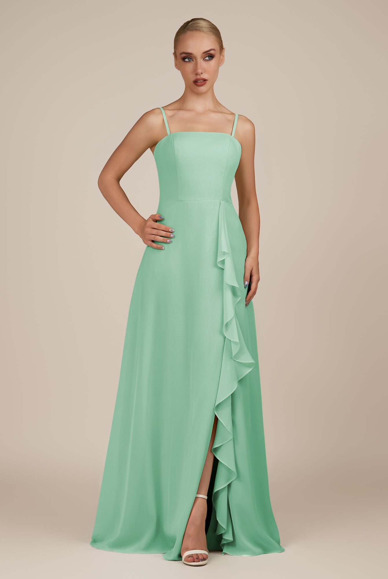 KissDress-Queniva Pale Pistachio Sheath Chiffon Spaghetti Straps Ruffles Long Bridesmaid Dress with Slit