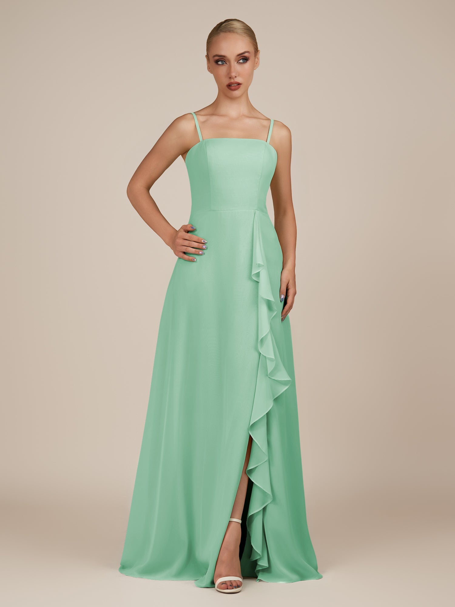 KissDress-Queniva Pale Pistachio Sheath Chiffon Spaghetti Straps Ruffles Long Bridesmaid Dress with Slit