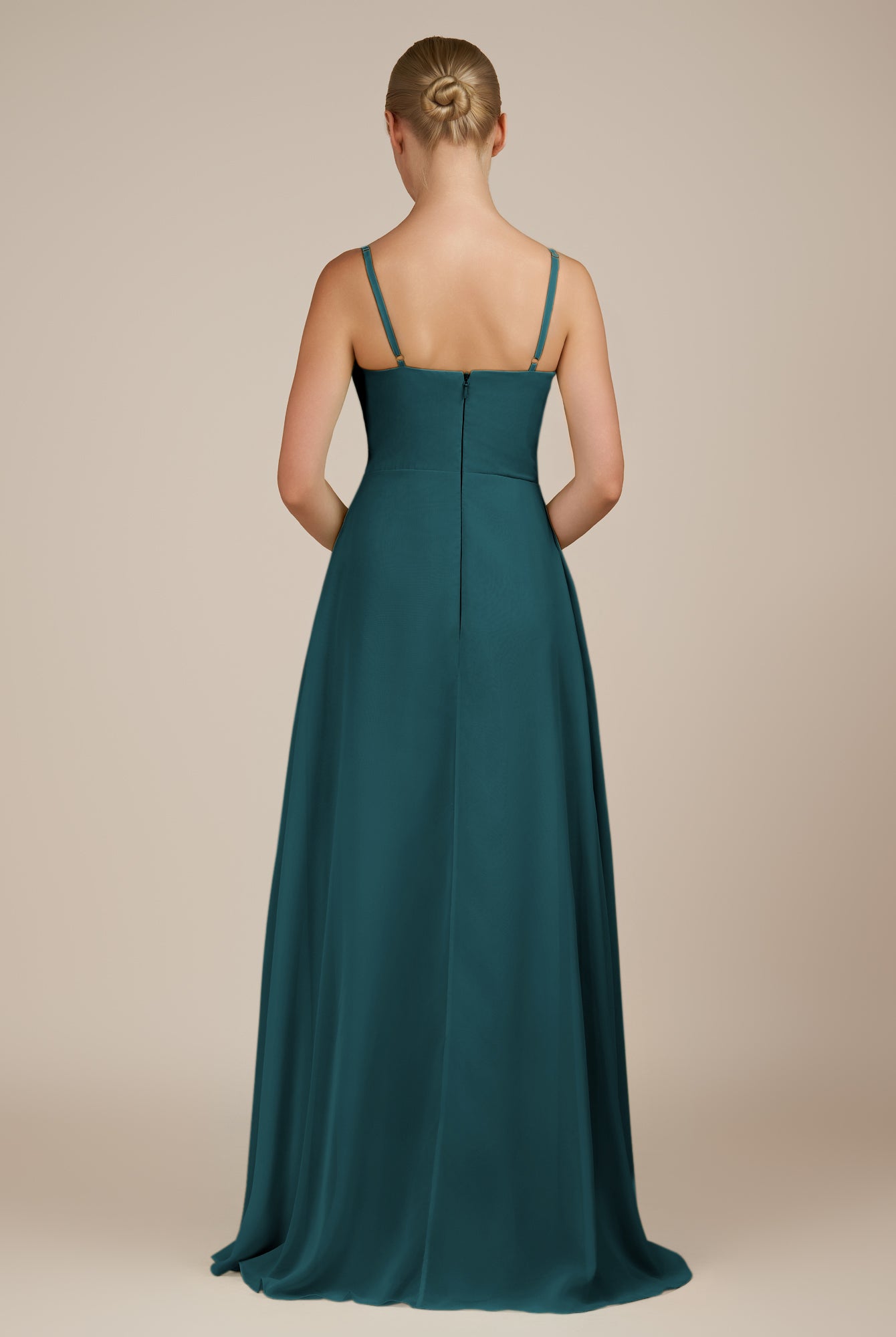 KissDress-Queniva Pine Sheath Chiffon Spaghetti Straps Ruffles Long Bridesmaid Dress with Slit
