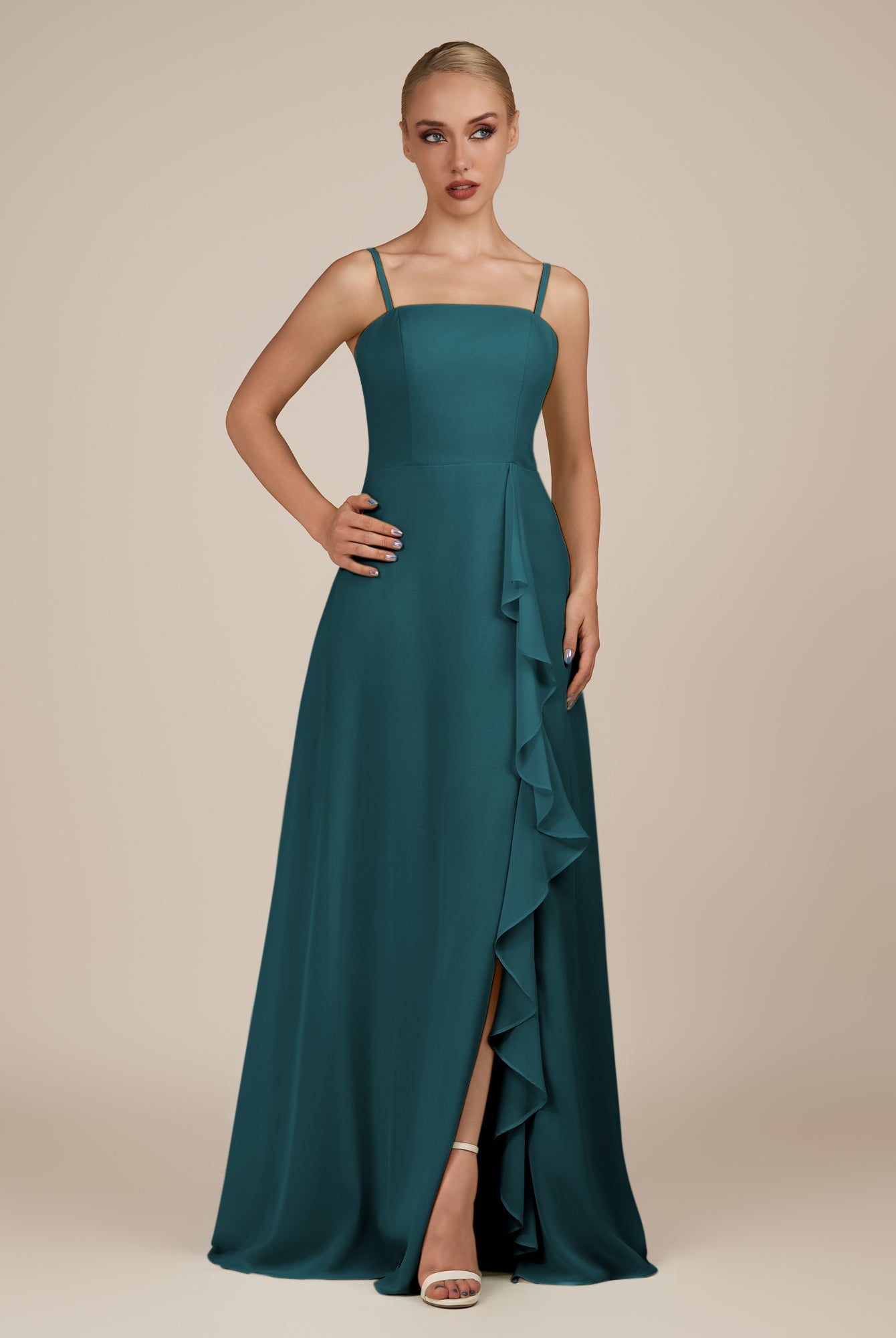 KissDress-Queniva Pine Sheath Chiffon Spaghetti Straps Ruffles Long Bridesmaid Dress with Slit