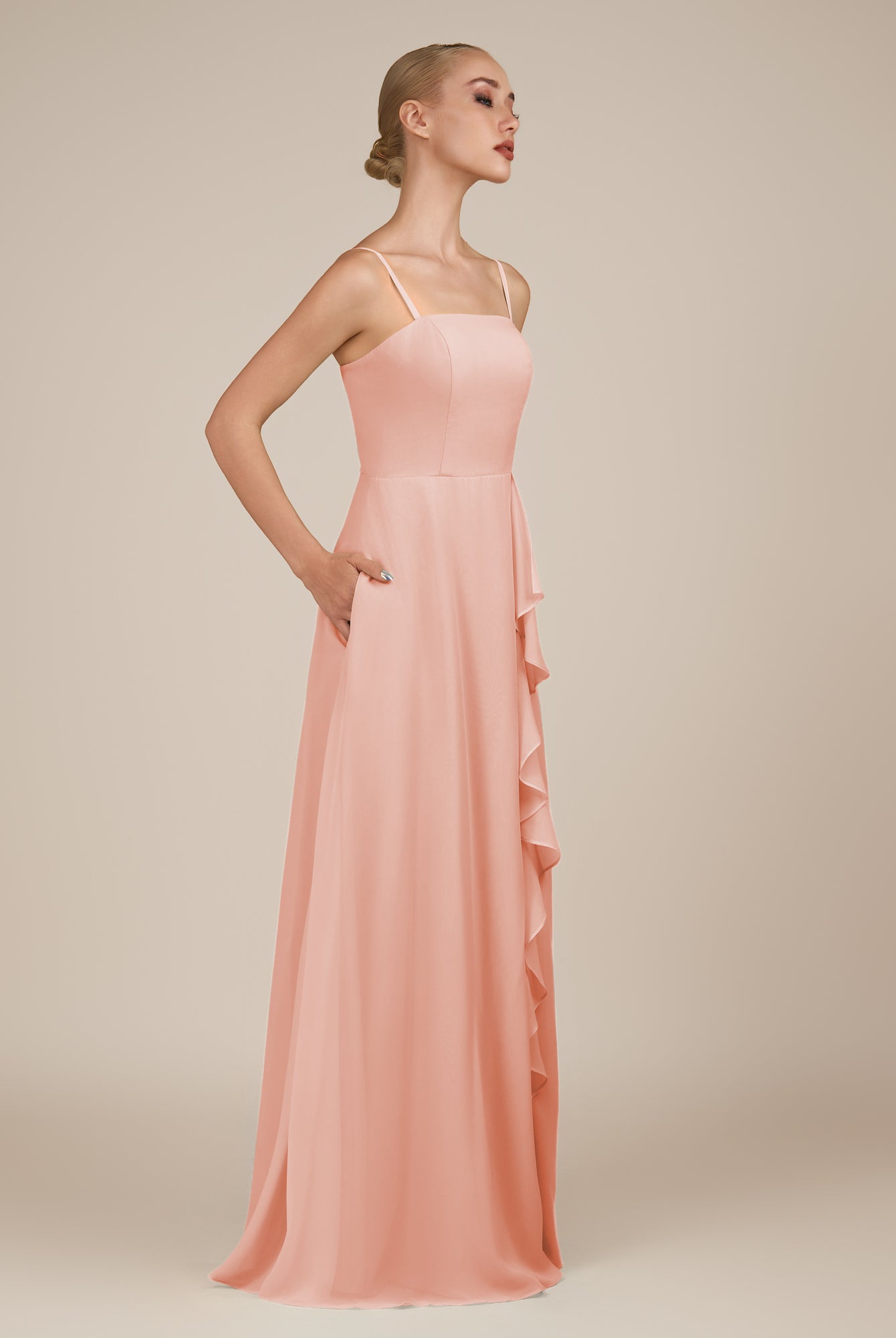 KissDress-Queniva Rose Petal Sheath Chiffon Spaghetti Straps Ruffles Long Bridesmaid Dress with Slit
