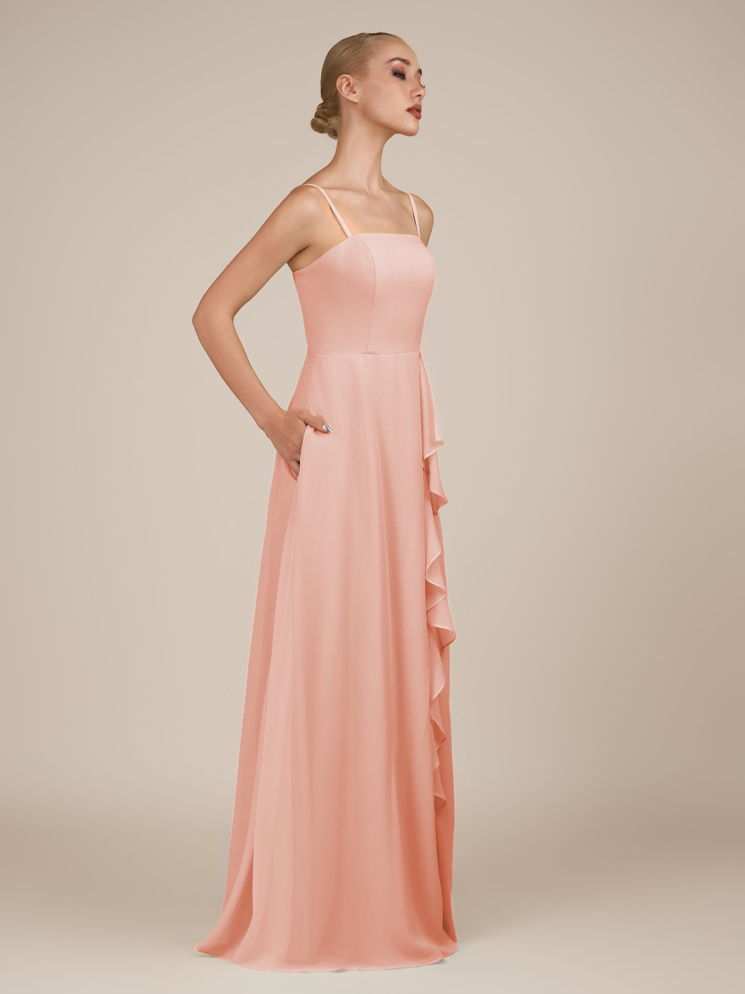 KissDress-Queniva Rose Petal Sheath Chiffon Spaghetti Straps Ruffles Long Bridesmaid Dress with Slit