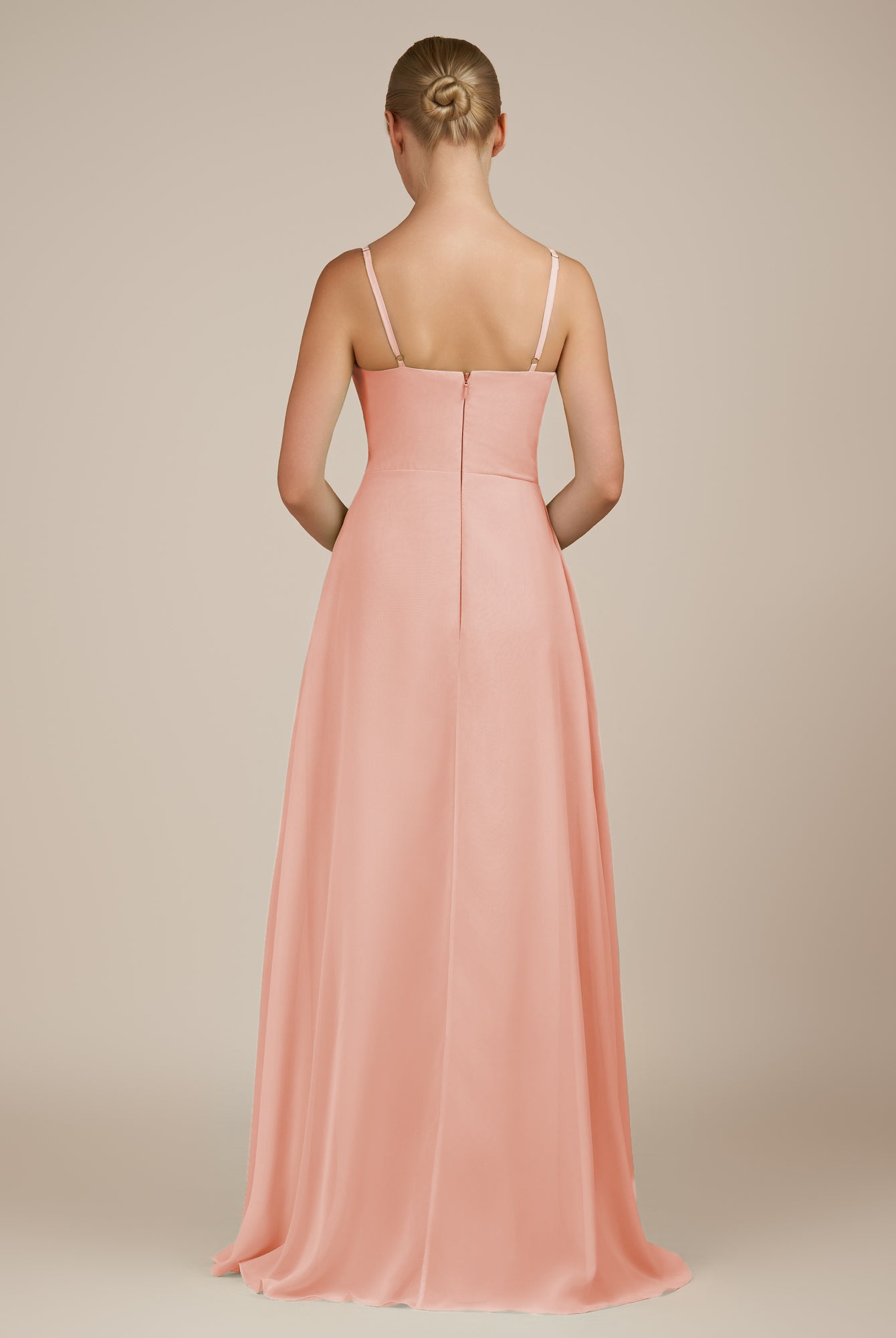 KissDress-Queniva Rose Petal Sheath Chiffon Spaghetti Straps Ruffles Long Bridesmaid Dress with Slit