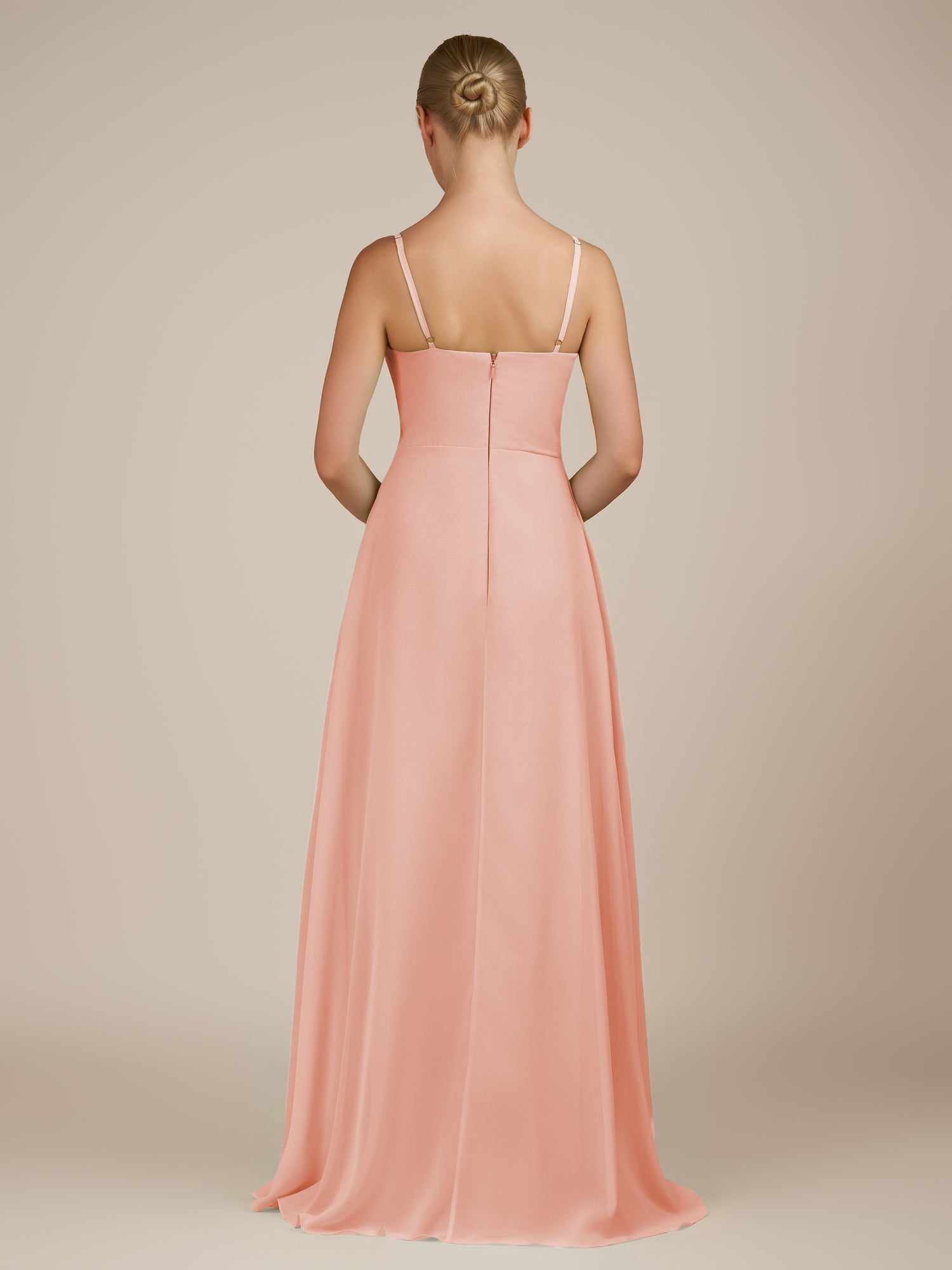 KissDress-Queniva Rose Petal Sheath Chiffon Spaghetti Straps Ruffles Long Bridesmaid Dress with Slit
