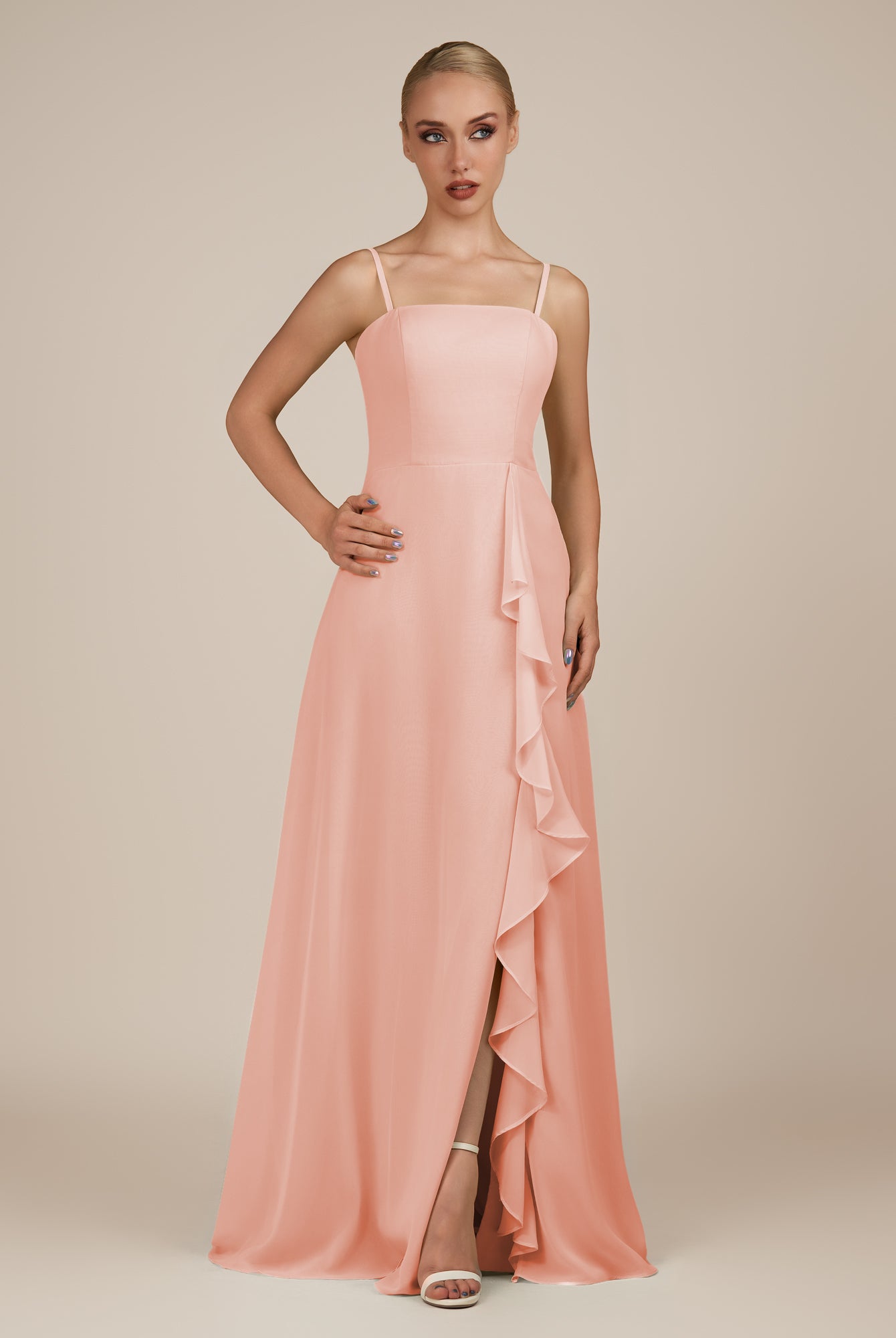 KissDress-Queniva Rose Petal Sheath Chiffon Spaghetti Straps Ruffles Long Bridesmaid Dress with Slit
