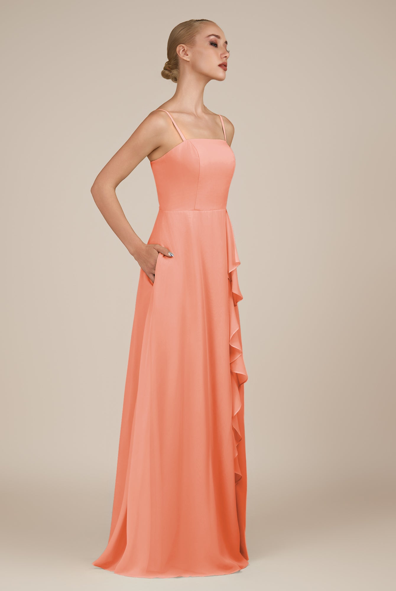KissDress-Queniva Rosette Sheath Chiffon Spaghetti Straps Ruffles Long Bridesmaid Dress with Slit