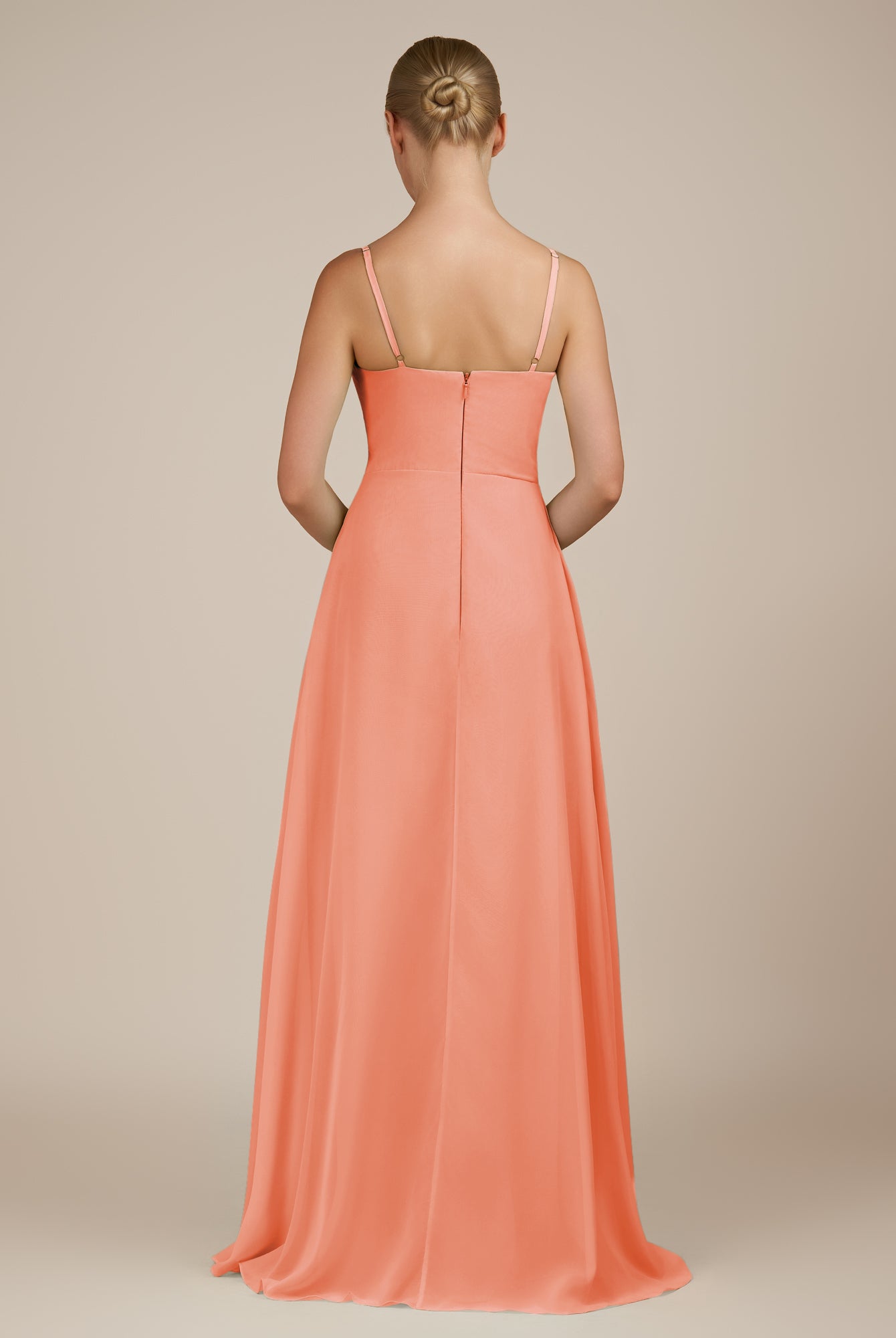KissDress-Queniva Rosette Sheath Chiffon Spaghetti Straps Ruffles Long Bridesmaid Dress with Slit