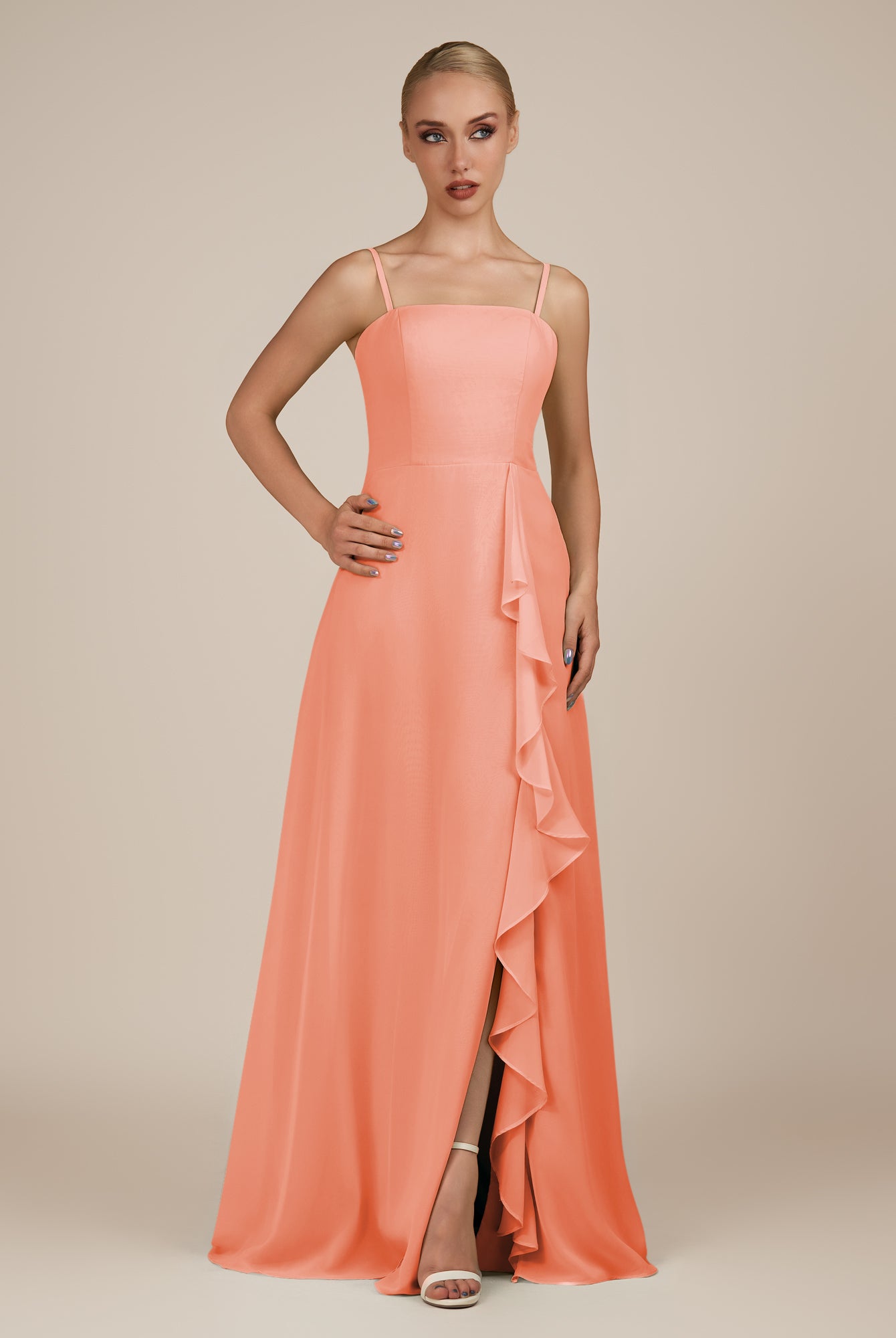 KissDress-Queniva Rosette Sheath Chiffon Spaghetti Straps Ruffles Long Bridesmaid Dress with Slit