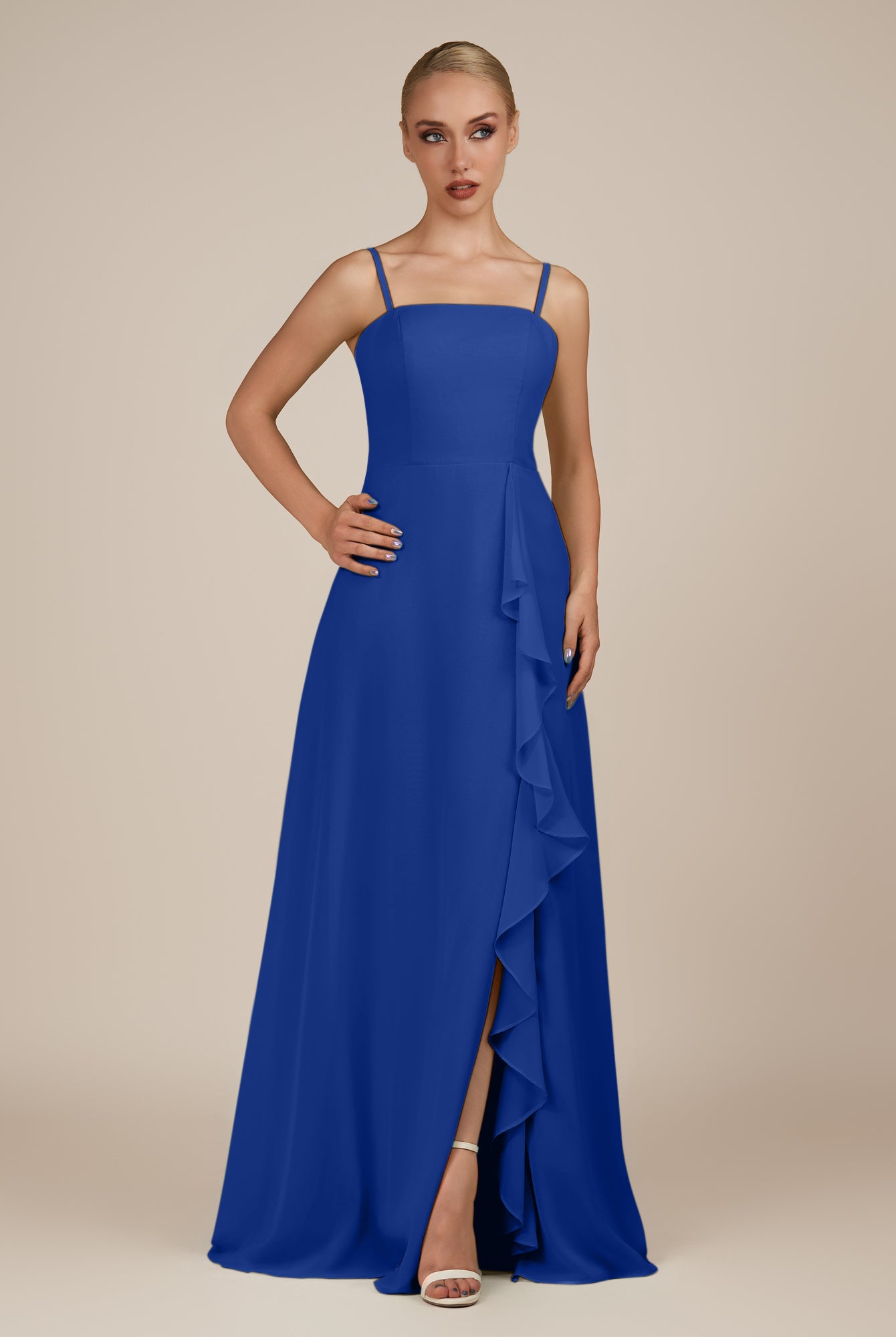 KissDress-Queniva Royal Blue Sheath Chiffon Spaghetti Straps Ruffles Long Bridesmaid Dress with Slit
