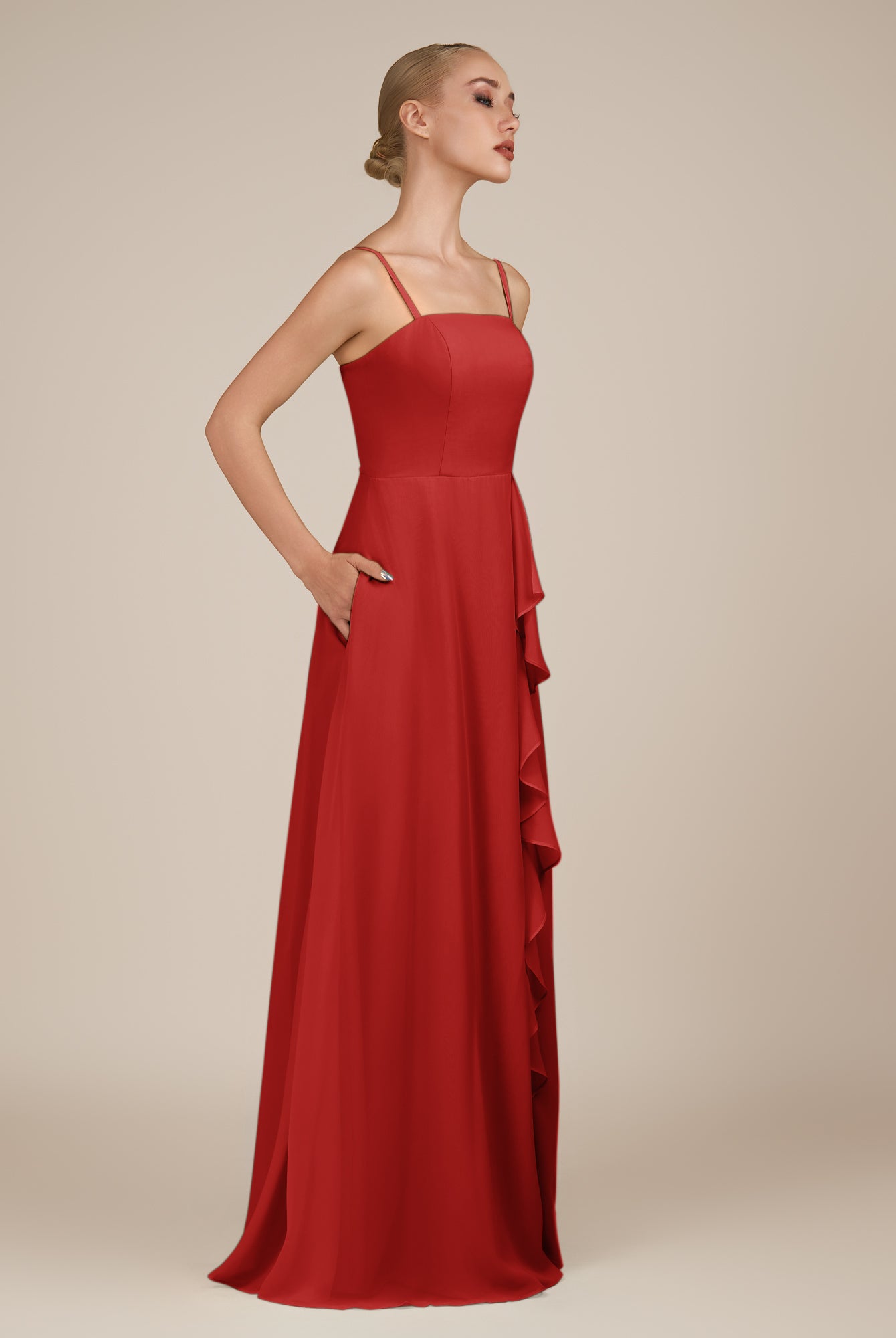 KissDress-Queniva Ruby Red Sheath Chiffon Spaghetti Straps Ruffles Long Bridesmaid Dress with Slit